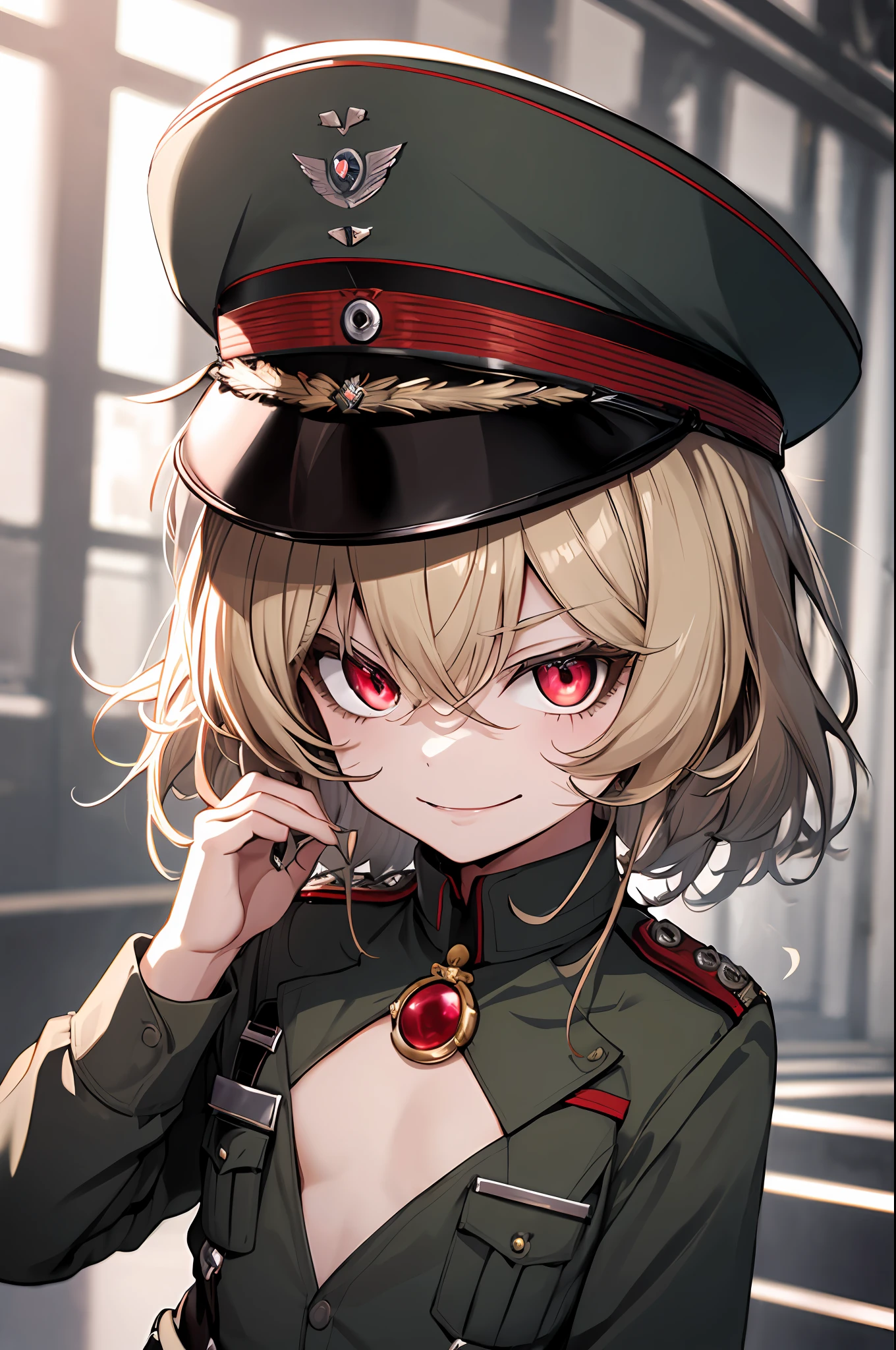 (masterpiece, best quality: 1.1), 1girl solo, tanya, 1girl, solo, petite, flat chest, small breasts, curvy, military, military uniform, , general hat drawn correctly, evil smile, perverted expression, joy, red eyes, neutral lighting