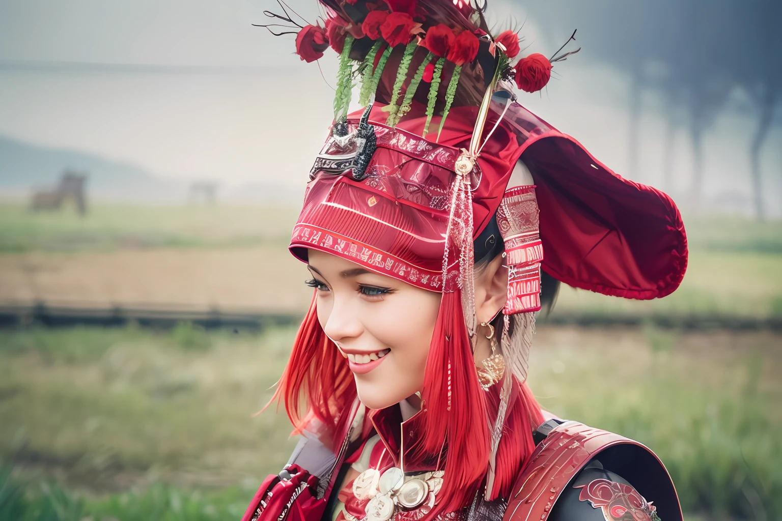 Beautiful mechanical female warrior with a gun on her back, forest in the background, cinematic, gun at waist, medallion on the neckline, wearing iron gloves, sci-fi elements around her, neat teeth, and steel armor in her clothes