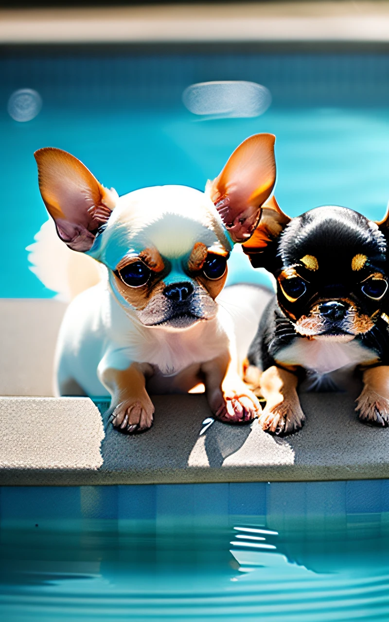 hyper Quality,Cute two Chihuahua puppies,different body colors,swimming in the pool,barking,narrow eyes,smile,eos r3 28mm