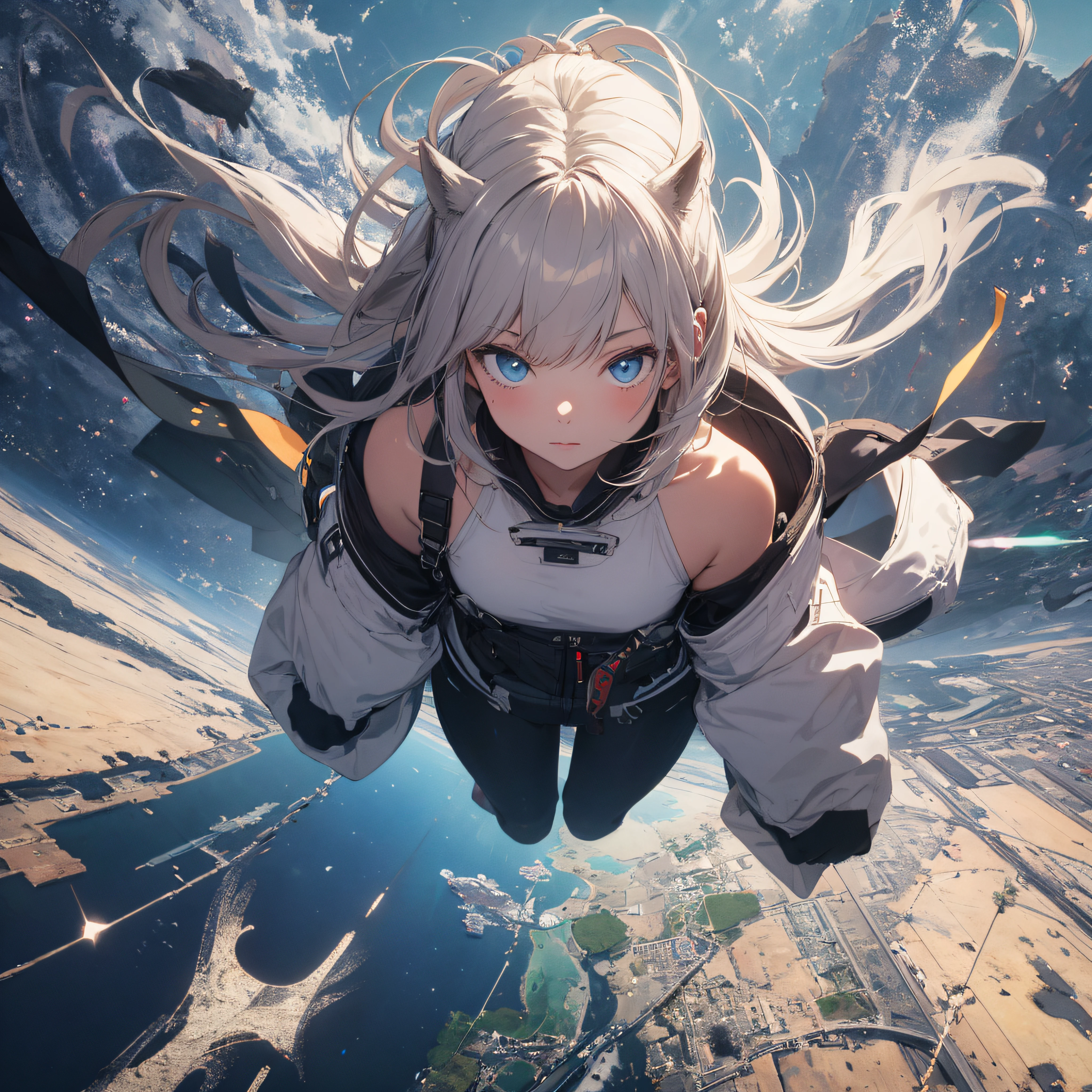 absurd res, high res, (masterpiece:1.4), ultra-detailed, 1girl, from above, space, floating