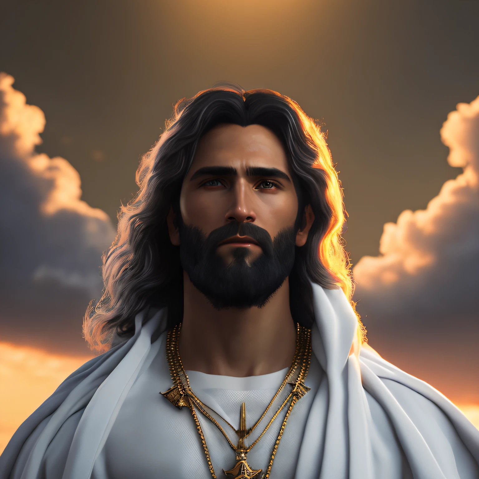Jesus Christ with white clothes in the clouds towards the gates of heaven, insanely realistic with with soft sunset lighting, with detailed skin with face muscles and skin with pores, 20 megapixels, Canon EOS R3, depth of field, soft lighting, masterpiece, best quality, intricate, mapped tone, highly detailed, artstation, concept art, smooth, sharp focus, dramatic lighting, highly detailed art, cinematic, hyper realistic painting, trend in Artstation, 8K, amazing shadows, realistic, (highly detailed background: 1.0),