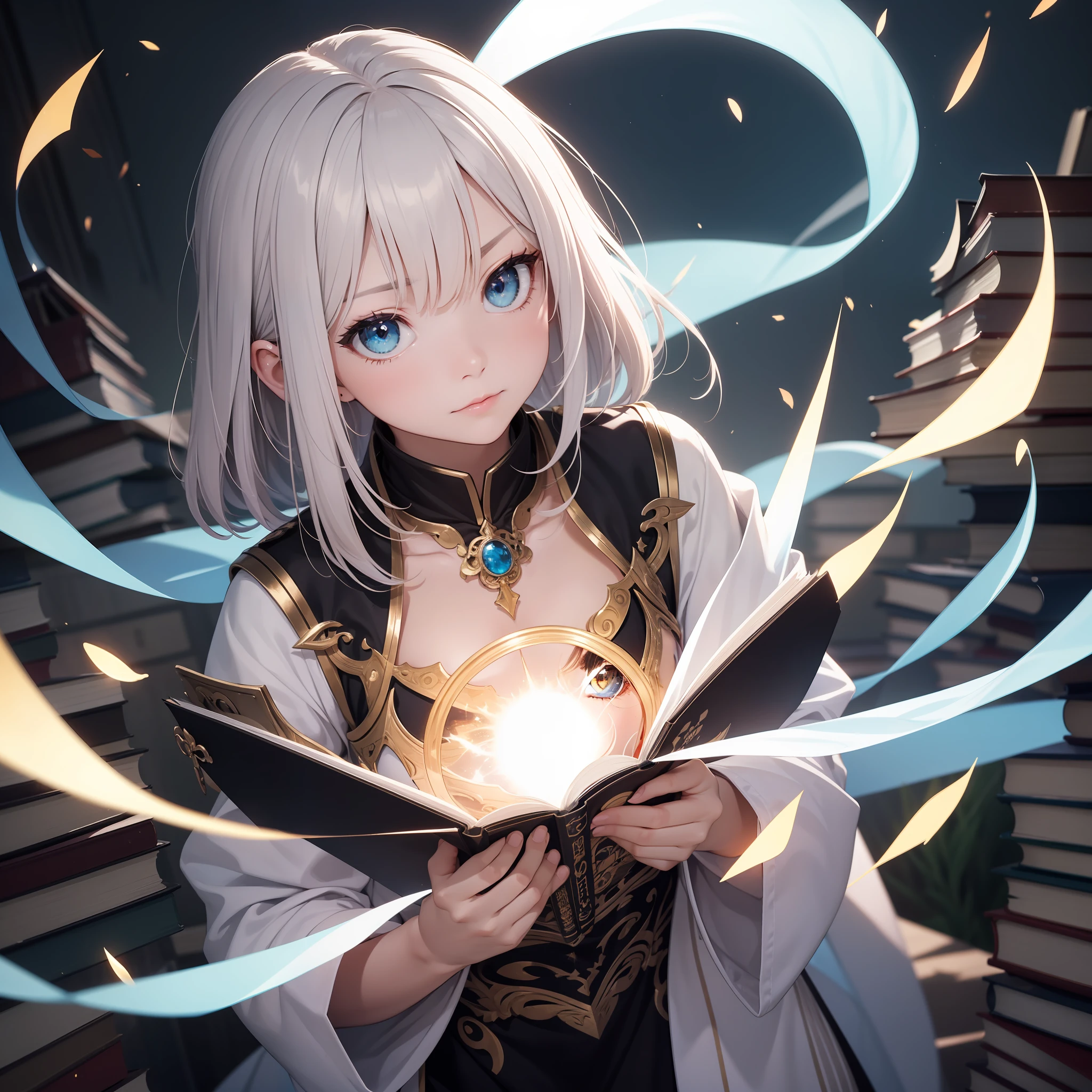 many books fly in the air,もちもち,Many shining magic circles,precise features gradation,girl,dark night aura,archive,bright glow,clear shadows,serious expression,medium chest,Two eyes of detailed depiction,hard guarded,eye catching,vibrant eyes,Ultra-definition image quality,full body,light magic painting,