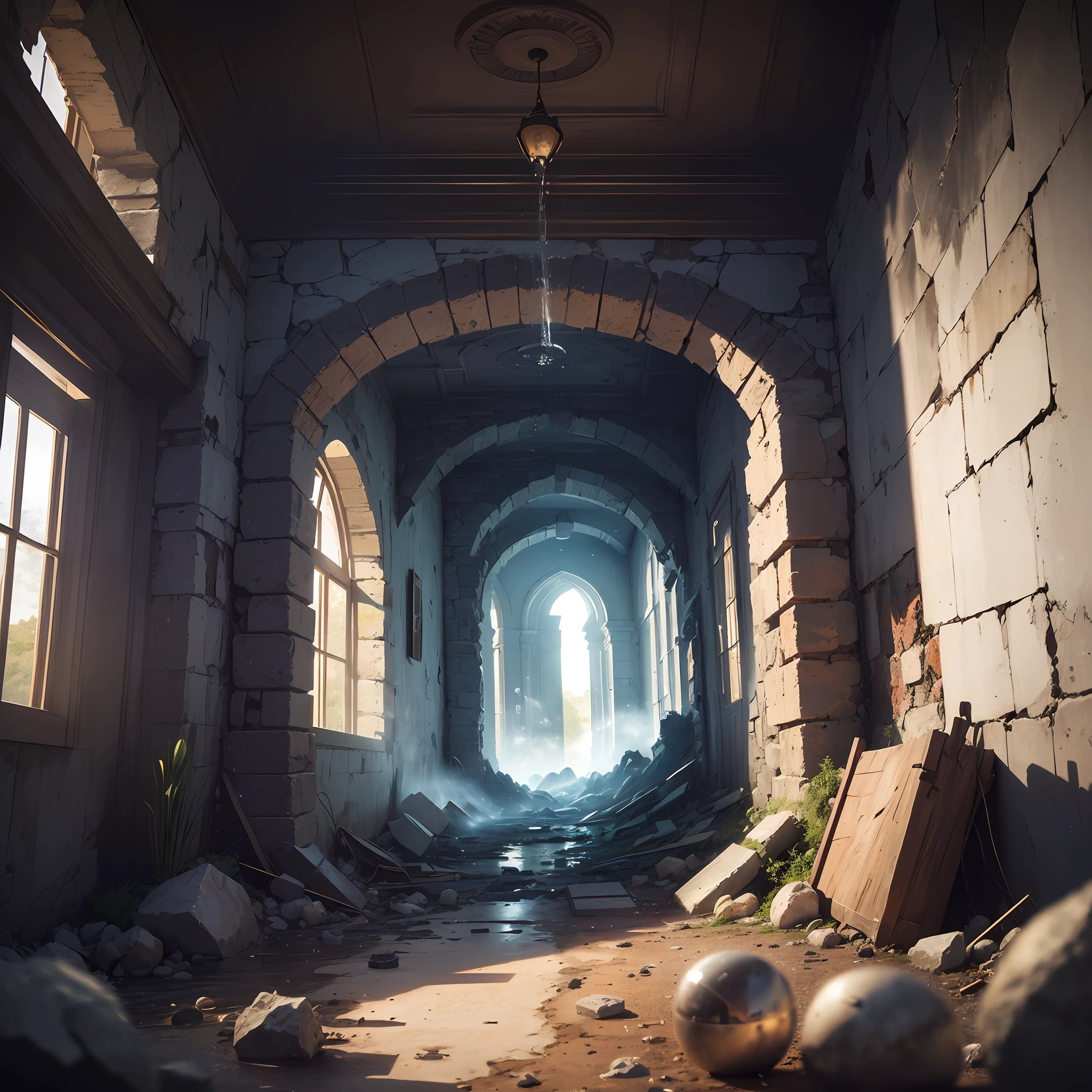 Realistic drawing, Computer visualized graphics, realistic fantasy, Extensive landscape ultra photography (general view, which shows the room, half-wall, (walls, dilapidated walls, ceiling, stone steps leading to the bottom, a small stone ruined platform, a collapsed fountain, dried water, broken wooden railings, at the bottom a destroyed fountain in the form of a bowl, a dried water source, the water has dried), darkness, night, blurred background, gloomy, blue, dark, purple background, gray, cold, magical, "Majestic mountains," "Lush forests," "Glittering lakes," "Desert dunes," "Golden sunsets. --auto