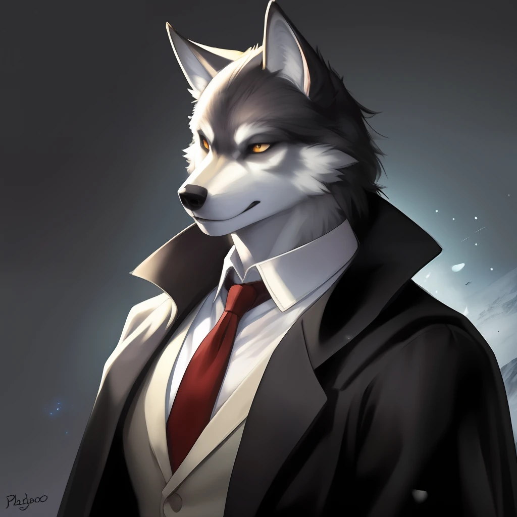 black cape, Ruan Jia, Pino Daeni, darkgem, dimwitdog, anthro male wolf muscular, (detailed face), (detailed cute skin), elegant wolf, wolf tie, ralismo