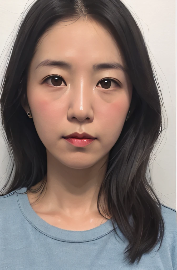 ID photo of 40-year-old woman on blank background