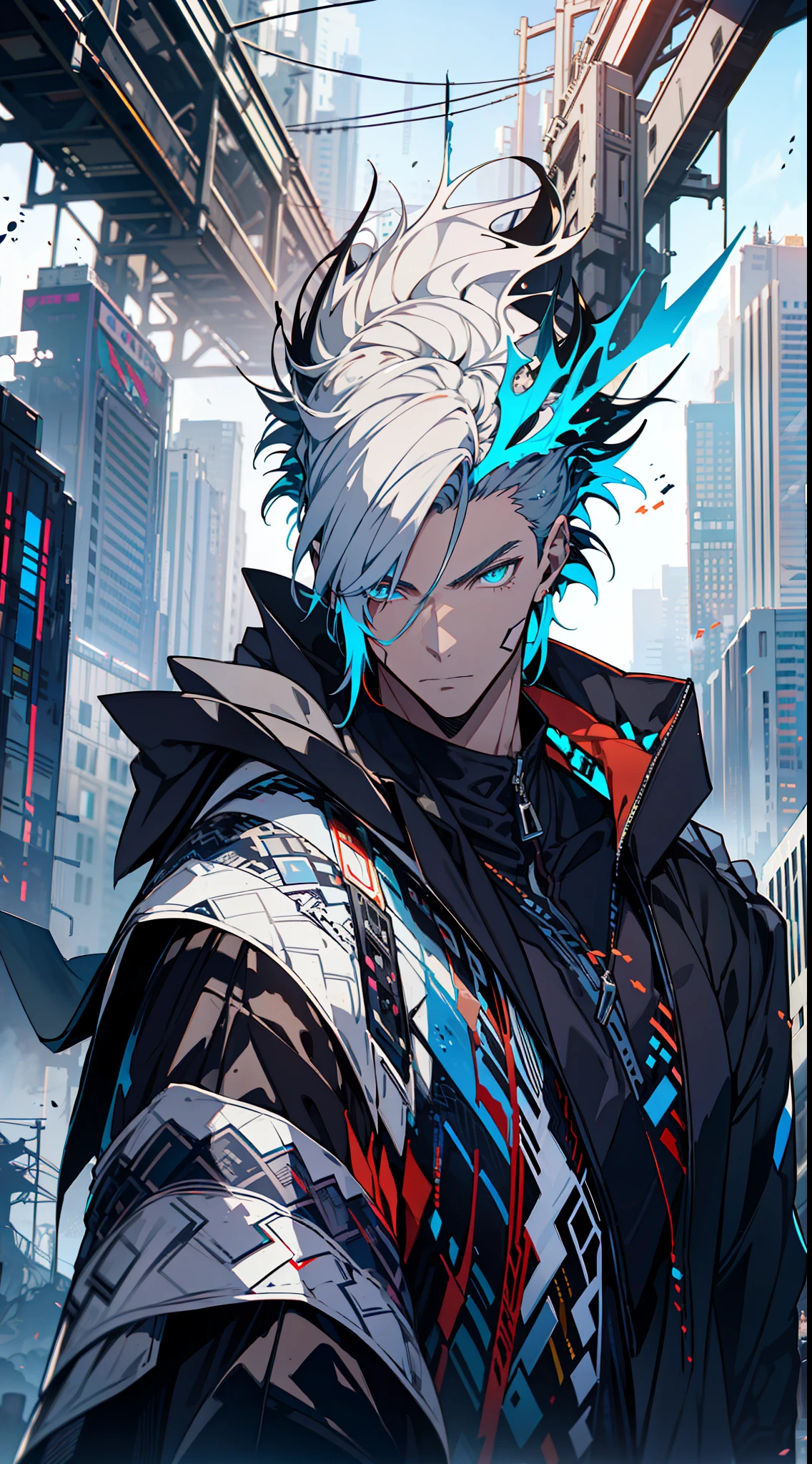 Cyberpunk male, fantasy world, dark background, clean design, epic instagram, artstation, colorful paint splatter, silhouette, hyper detailed intricate details, unreal engine, fantasy, intricate details, splash screen, complementary colors, Fantasy concept art, 8k resolution, deviantart masterpiece, oil painting, heavy strokes, paint dripping, (isolated on white background: 1.3), rainbow skin, (((handsome young man))), ((age:1.5) ), (glowing blue eyes), ((light eyes)), ((((short white hair: 1.1))), ((black clothes)), (prince\\(indifferent expression\\),, ( ((Wears high detail luxurious black robe))), white hair, frost magic, ((chest) --v 6