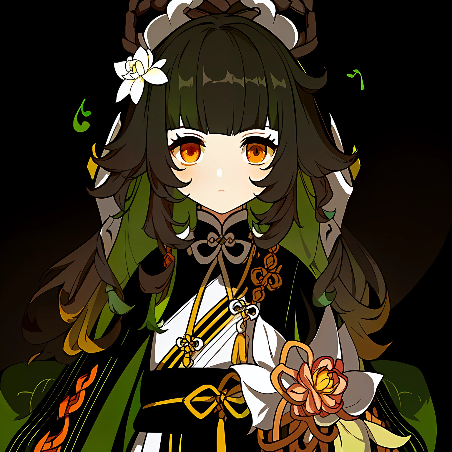 Genshin Avatar, (a girl with brown hair and orange eyes: 1.4), no hat, short and medium hair, hair between the eyes, (((white silk coat a little yellow and yellow-green))), there is a cartoon girl wearing a short dark green skirt, (a pink lotus flower on the right side of the forehead), pink flowers and green leaves in her hair, full body adoptable, inspired by the master of Kanbun, non-binary god of spring, character adoptable, (light yellow ribbon tied around the waist), long and wide sleeves, Mihoyo art style, highly_detailed, portrait, (((masterpiece))), ((best quality))), (black_background:1.4), simple_background