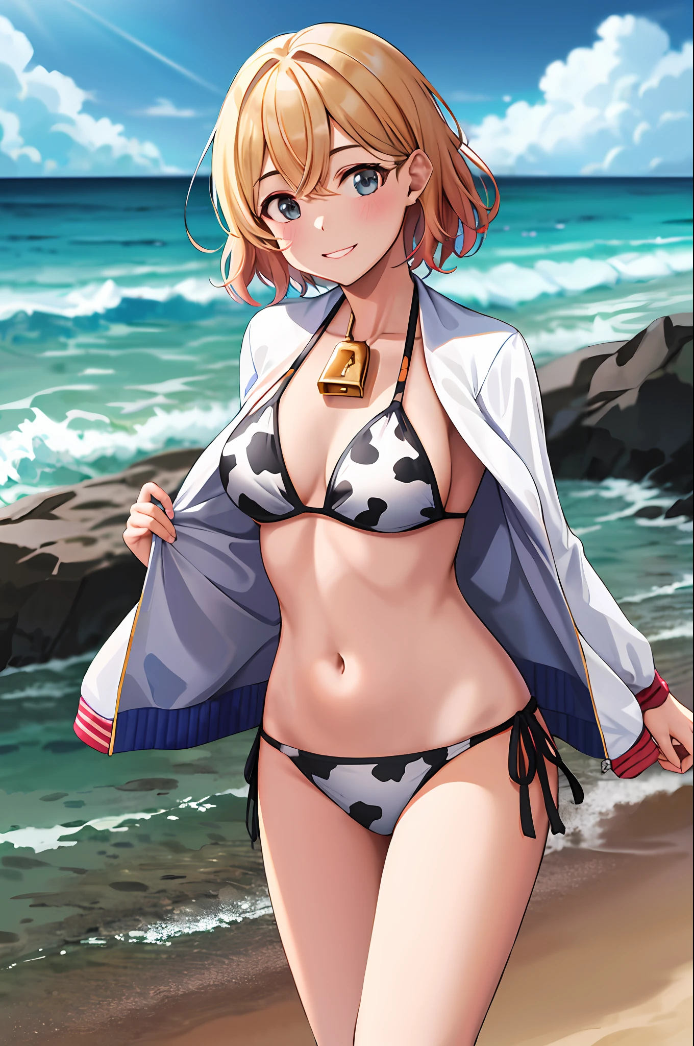 masterpiece, best quality, highres, nm1, swimsuit, cow print bikini,white jacket, cowboy shot, standing, smile, beach, bottom bikini