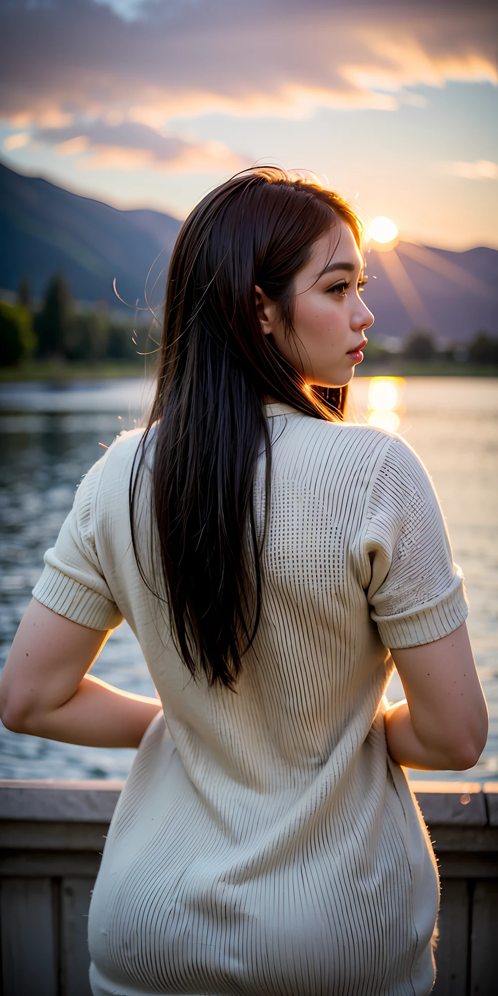 (Best quality, 8k, 32k, Masterpiece, UHD:1.2),Sony A7R4, Zessie 50mm F1.8, Photo of Pretty indonesian woman, huge breasts, long hair,upper body, oversized_sweater, necklace, lake background, sunset, looking into the distance, --s2