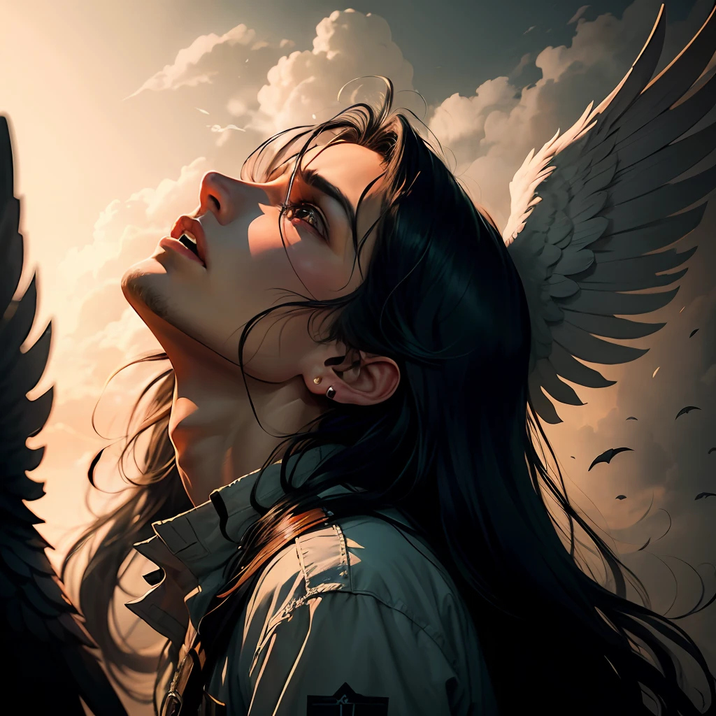 man, anime style, dark, angel, long hair, horror, 4k, detailed, fog, with over everything, looking up, black wings
