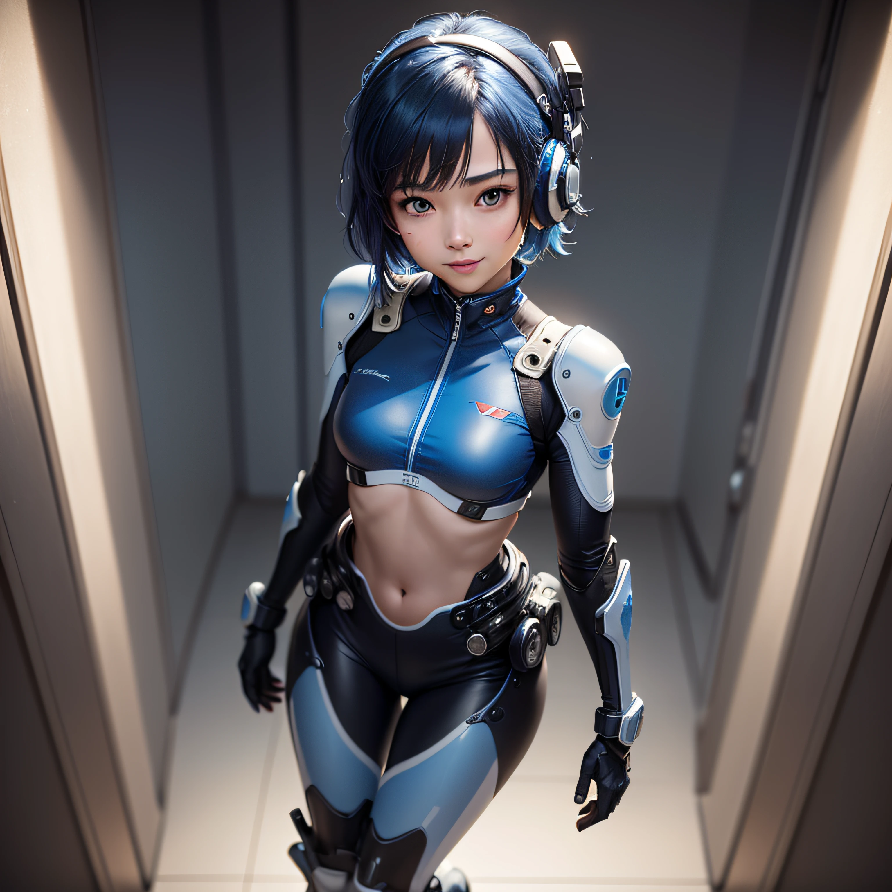 (masterpiece, highest quality, highest resolution, distinct_image, detailed details): (Solo, lone girl, face is Japan person, short cut, blue-haired girl, full body figure, (perfect body: 1.4), sparkly blue color eyes, pilot suit in white and blue color, tight fit clothes, clothes covering the whole body, very delicate and beautiful, detailed skin, slim body, exoskeleton, Gentle smile, heroine, headset, boots)