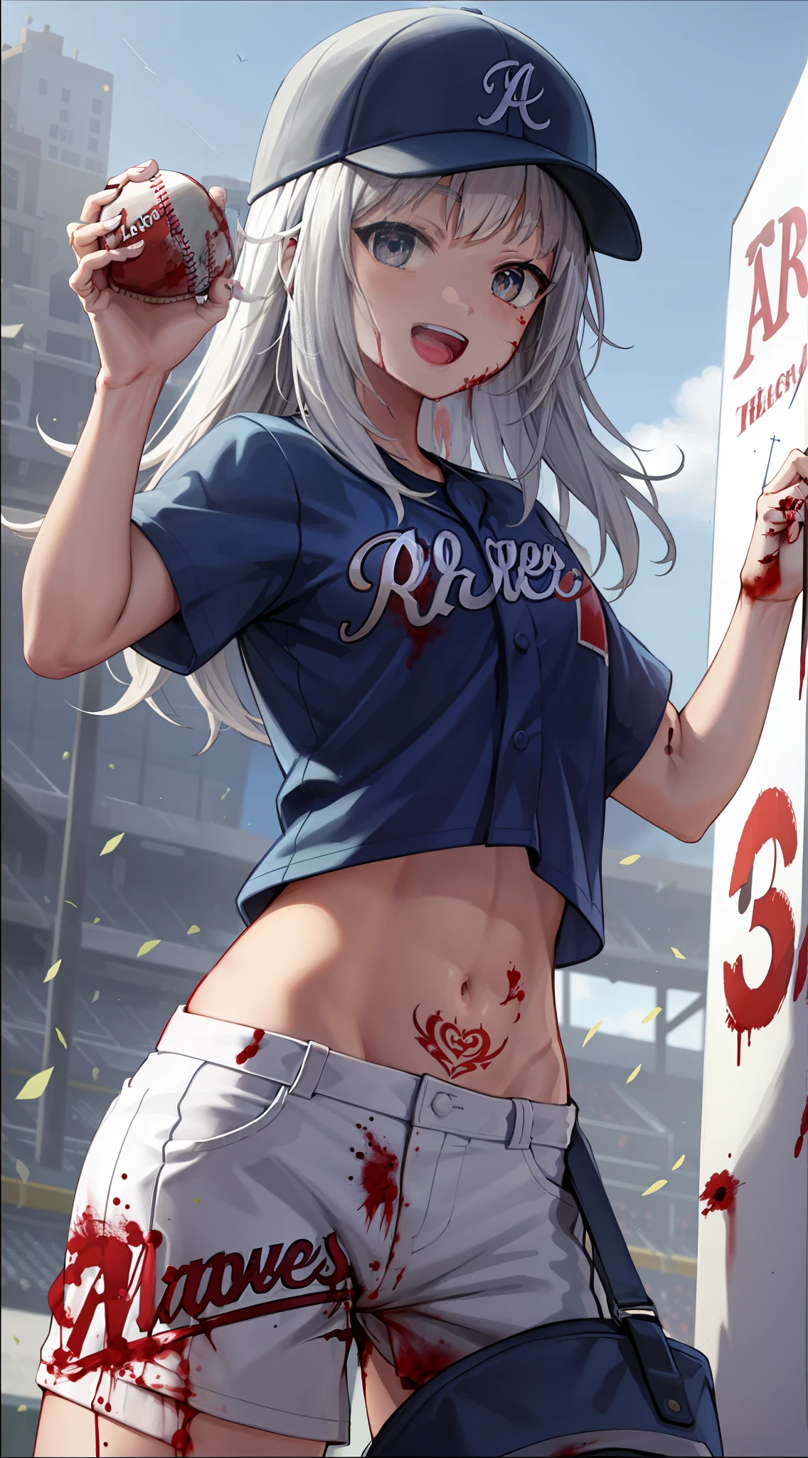 girl dressed as an Atlantas Braves baseball player with a cap on her head, proportional body, glod eye, clear eye, toned, hands grasping a baseball while throwing it, high resolution, smiling with open mouth, ((blood: 1.6)), detailed money tattoos and a bat on broken arms, poster