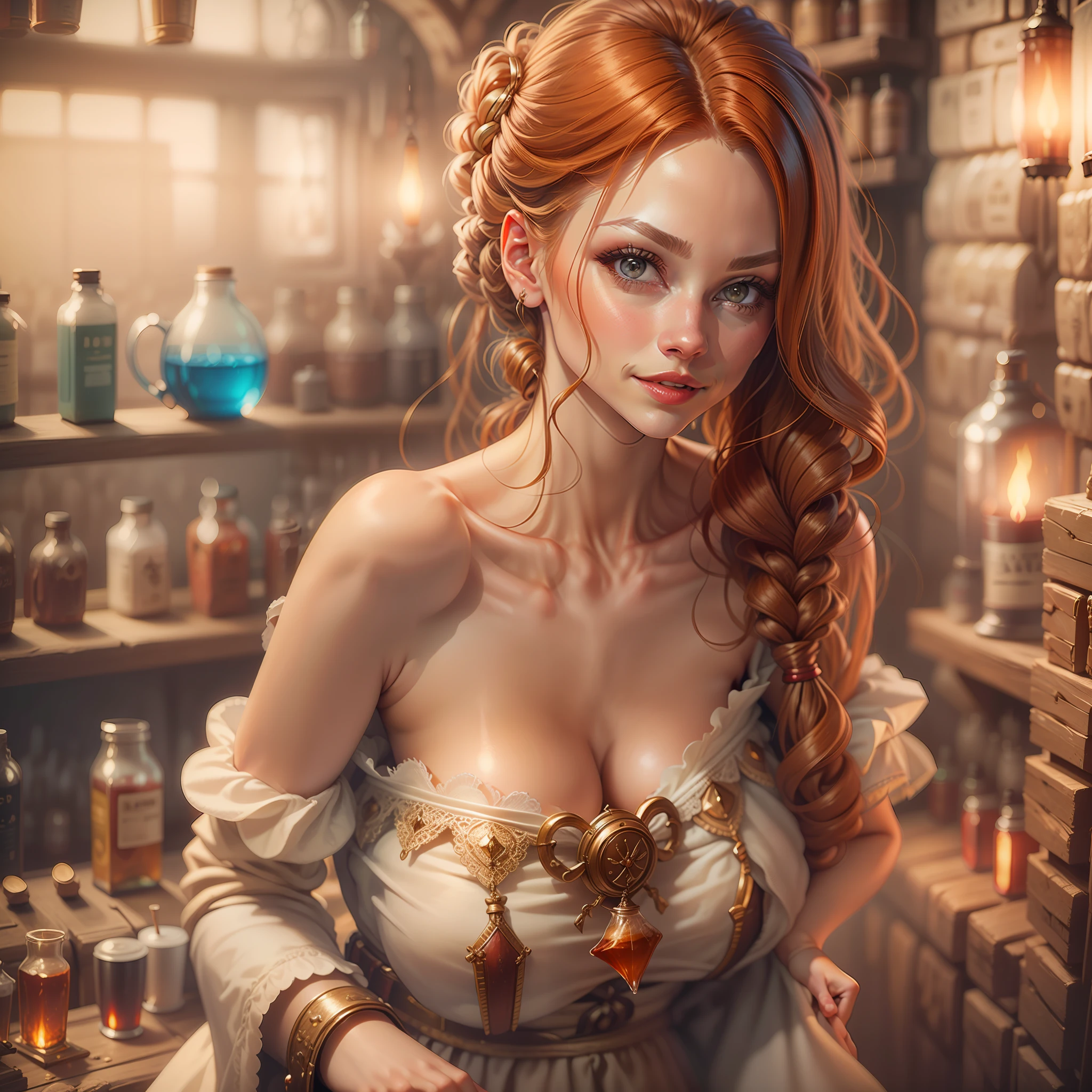 beautiful ginger women in detailed dress at cozy detailed potions shop, air above hair, IPA award wining, masterpiece