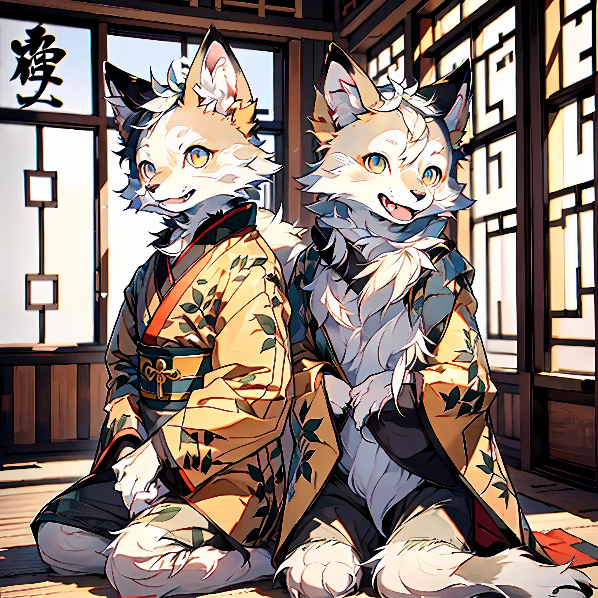 Masterpiece, high detail, super high quality, high resolution, 1080P, ((single)), furry, (male arctic fox: 1.5), (gray fur: 1.5), (gray skin: 1.5)), gray ears, (golden eyes: 1.5), (gray paws)), canine paws, detailed figures, (furry feeling of animal ears), sharp, kneeling on cushions, wearing traditional Chinese robes, wearing traditional Chinese pants, in traditional Chinese rooms, light smile, Natural light