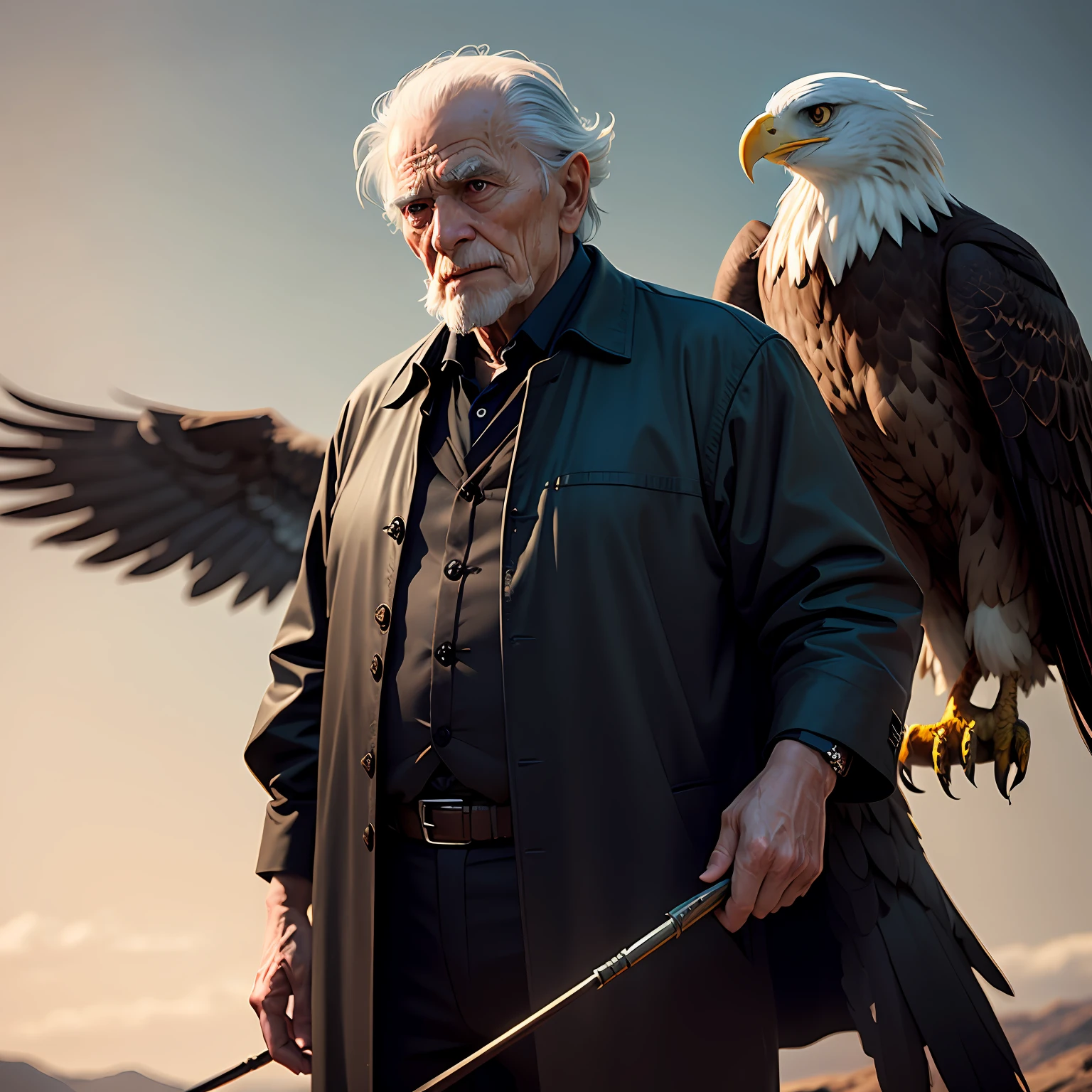 Realistic, cinematic image of a wise old man in long, black clothes with an eagle --auto