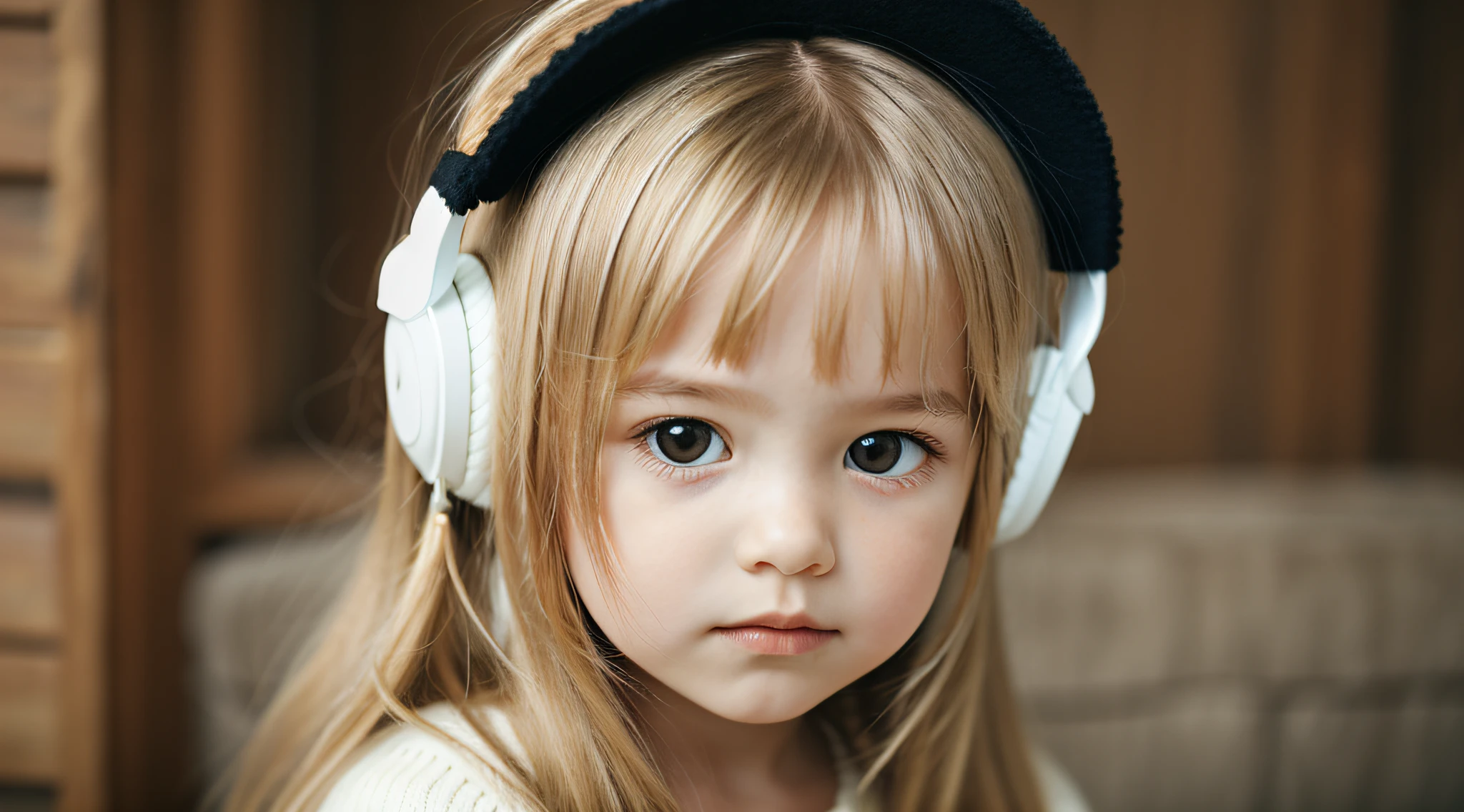 CHILD girl with long blonde hair wearing a white sweater and muffled black ears.