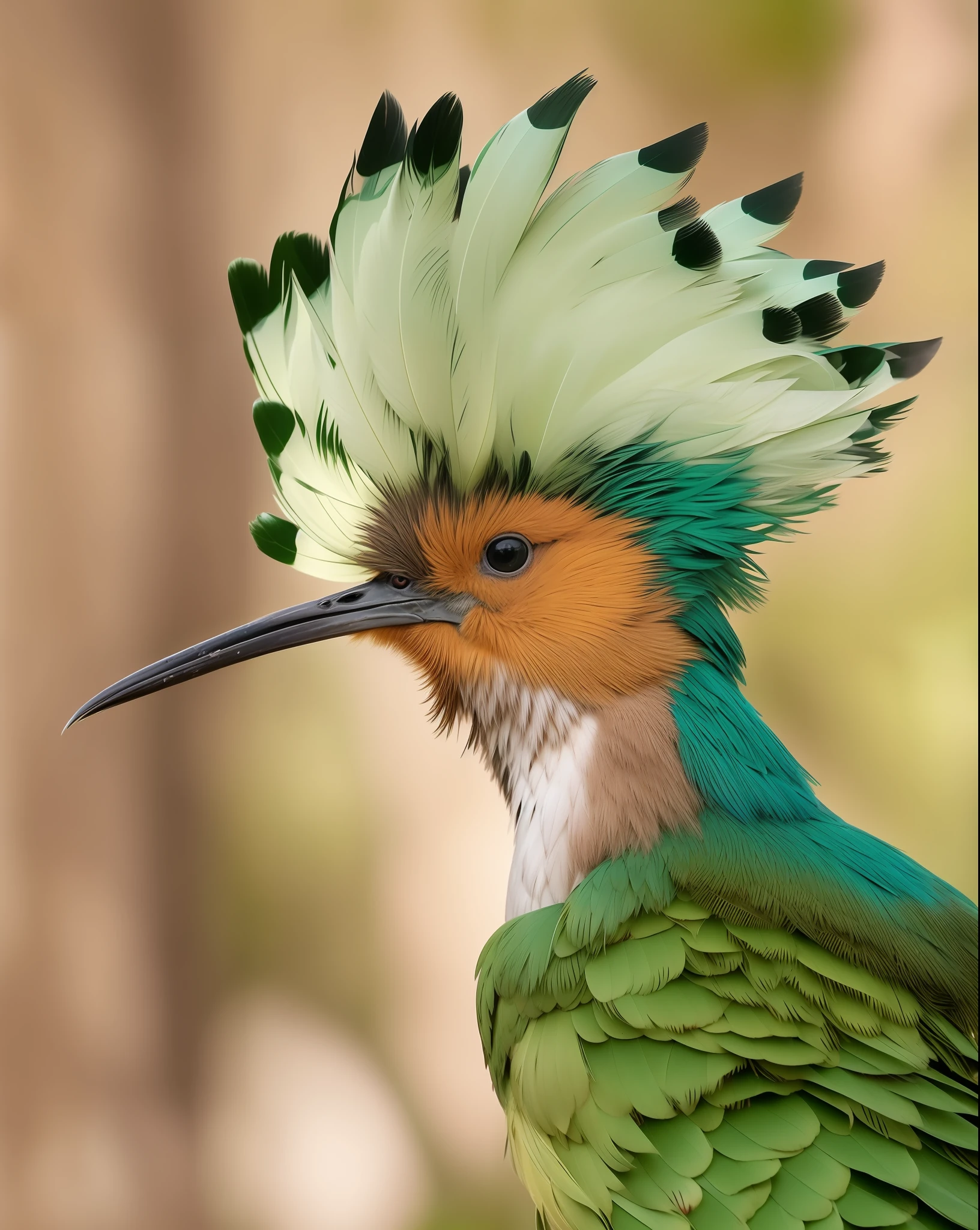 a close up of a bird with a long beak and a long beak, feathers exotic morphing hoopoe, feathered head, bird head, bird poo on head, wearing crown of bright feathers, feathered hair, covered in feathers, concentrated look, cocky expression, head shot, a surrealistic bird, feathered, fierce - looking, very ornamented
