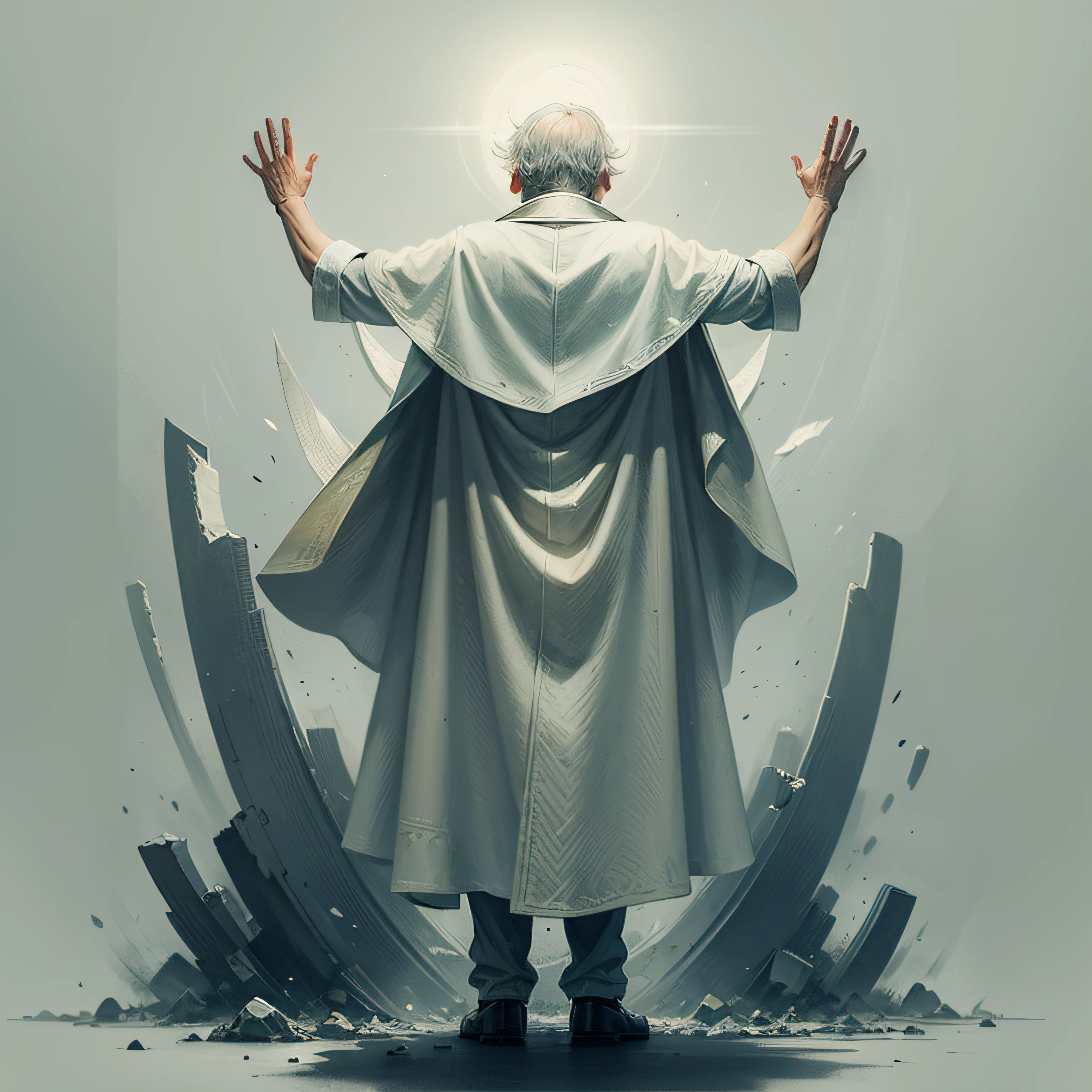 Old man with white cape, arms raised, hands raised, white background, view back
