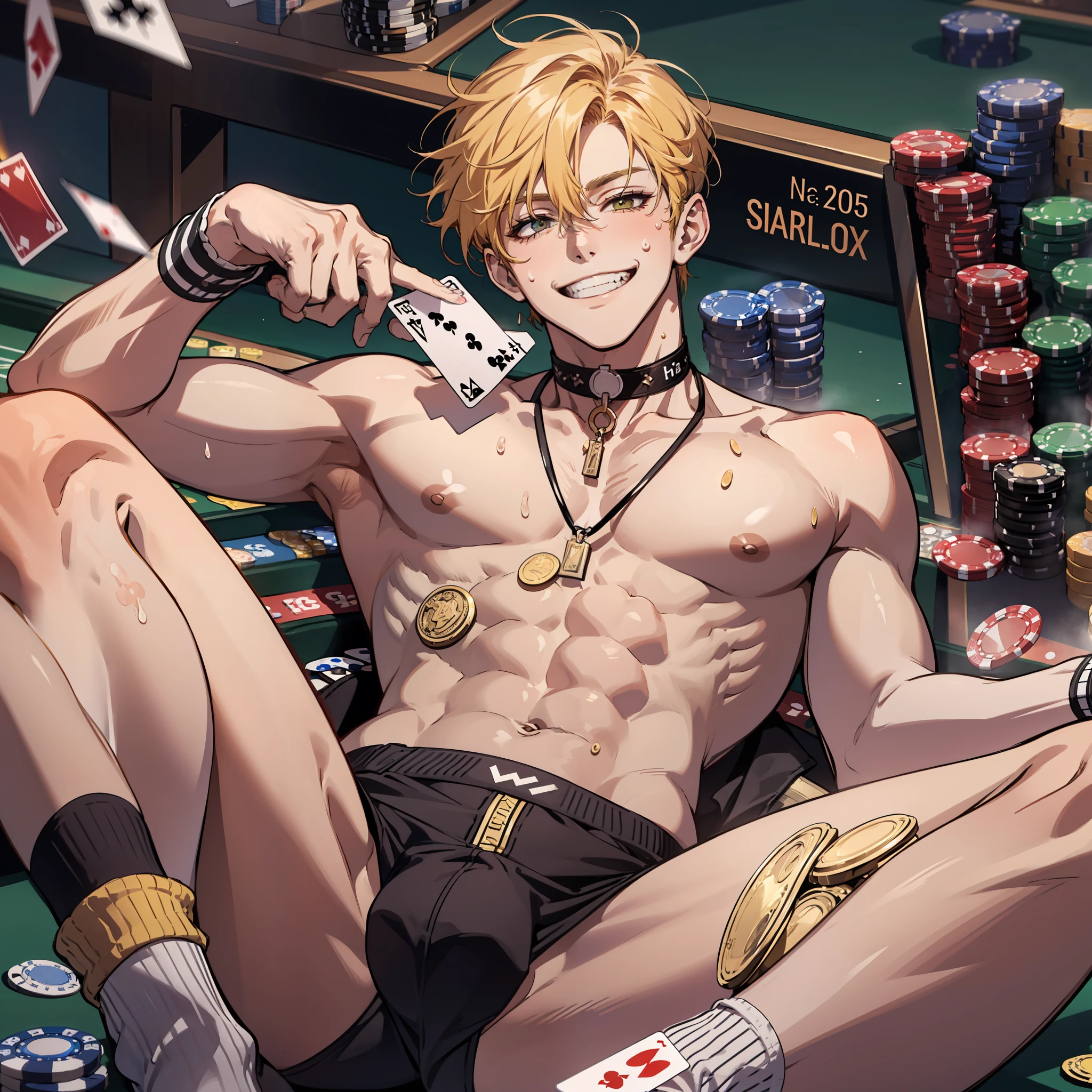 Tall muscle boy , chocker ,socks, big bulge , viewed from below, sweaty , big boobs , money , coins , cards , shadow , casino , lying on back , billiards , naked , seductive, grinning , spread legs , grinning , gambling , spread legs , crazly smile , yellowish hair