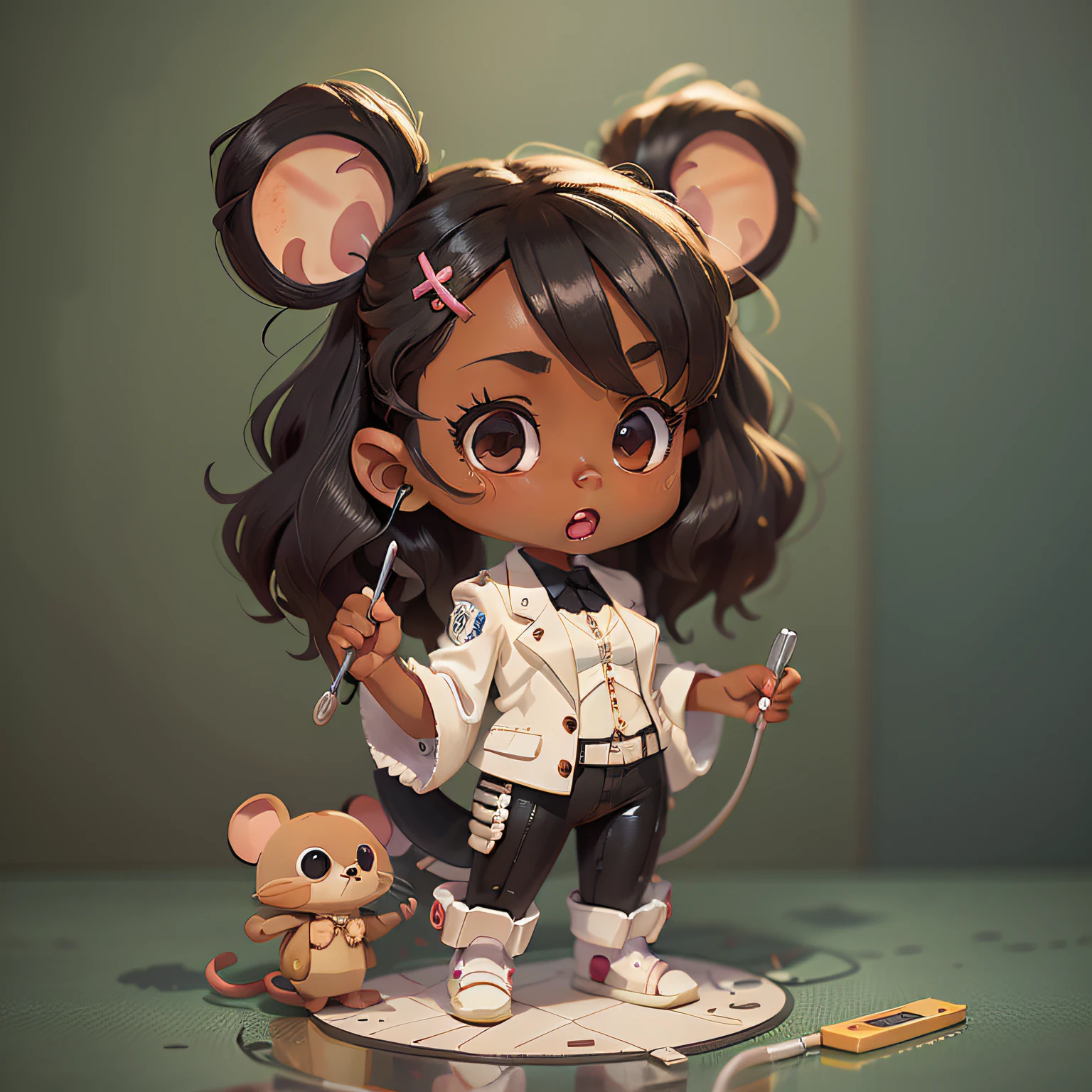 chibi, mouse, cute, dentist, action pose, dark skin, black girl, african etnic, long black curly hair, white cloth, with a high tech dentist chair, holding leather suit, bigbadejo, full body, masterpiece, 3D Rendering, Best Quality, Lots of Detail, (plain background), vinyl toy figurine