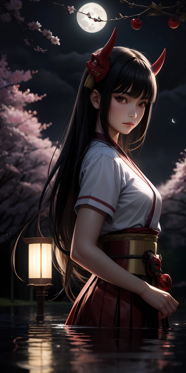 realistic, 1girl, black hair, long hair, red eyes, samurai, swordsman, demon masks, demon girl, asian, oriental, moonlight, moon, field, reflection, cherry tree, light shades, demon mask, mask covering face