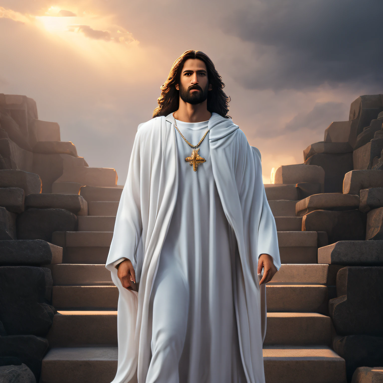 Concept art of Jesus Christ with white clothes in the clouds towards the gates of heaven, full body photo, wide photo, insanely realistic with with soft sunset lighting, with detailed skin with face muscles and skin with pores, 20 megapixels, Canon EOS R3, depth of field, soft lighting, masterpiece, best quality,  intricate, tone mapped, highly detailed, artstation, smooth, sharp focus, dramatic lighting, highly detailed art, cinematic, hyper realistic painting, trend in Artstation, 8K, amazing shadows, realistic, (highly detailed background: 1.0),