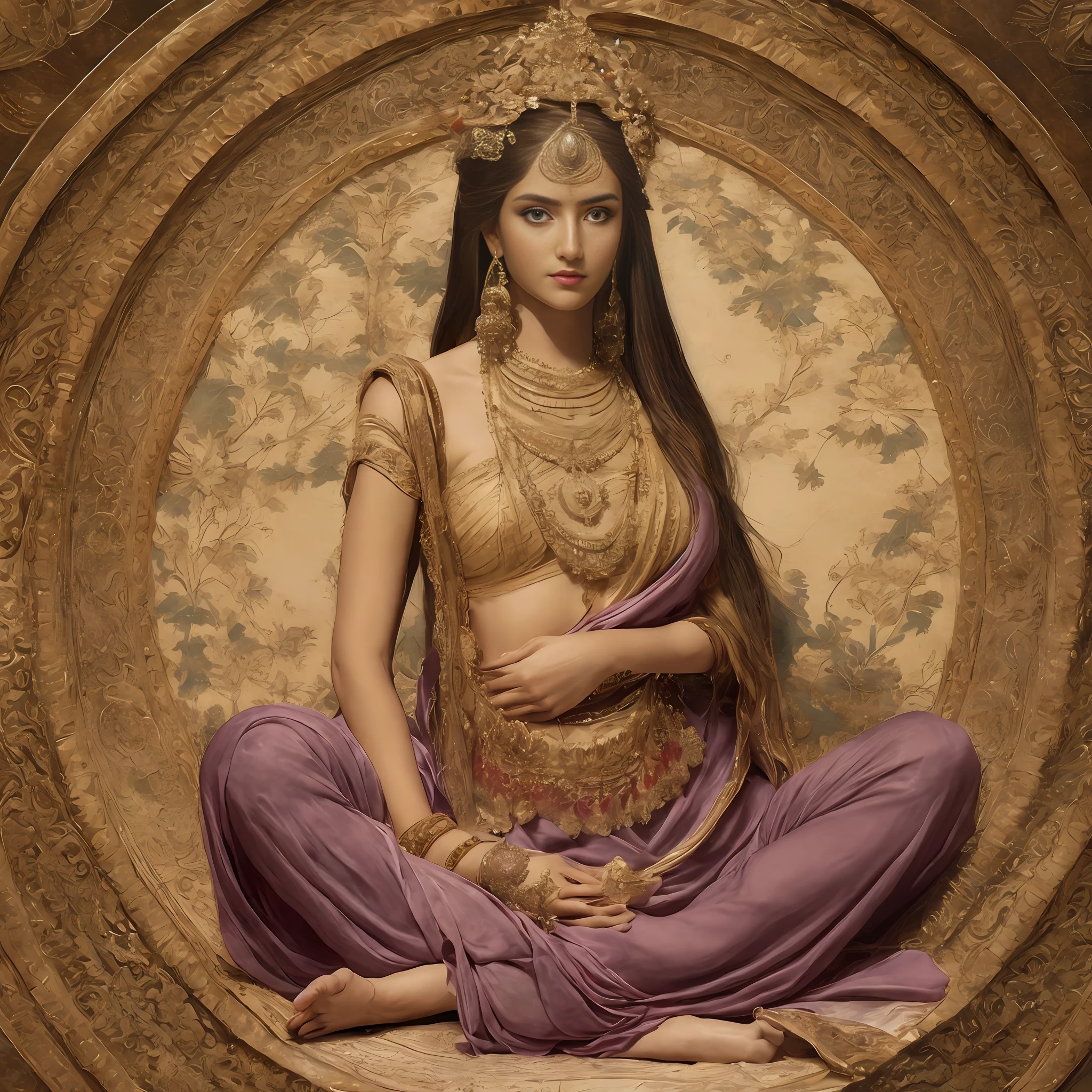 1 woman, long hair, legs crossed on a lotus, hands folded, gaze firm, dressing, Gandhara style