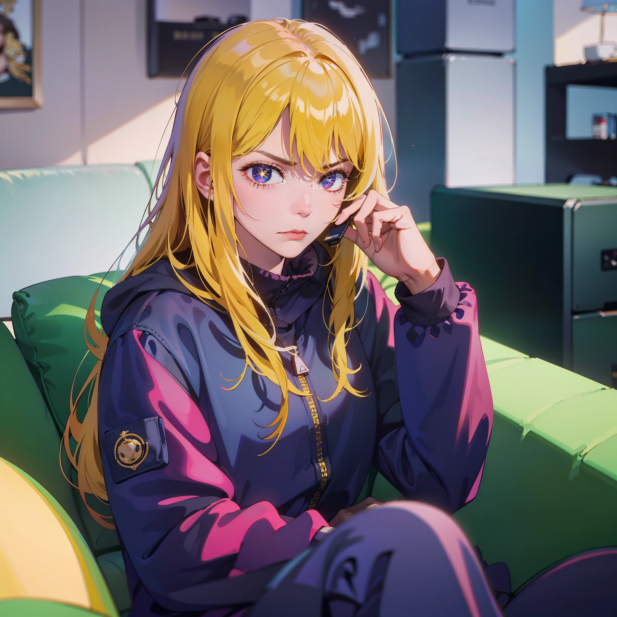 Girl, long yellow hair, wearing a down jacket, doing on the sofa, answering the phone, frowning expression