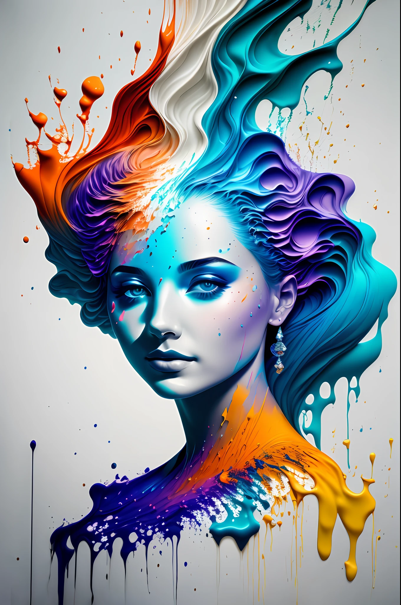 Colorful abstract paint art forming the head of a beautiful woman, Romantic lighting, wave, sub-surface Scatterring, shine, hair transplant, underwater paint art awarded by Alberto Seveso, white background