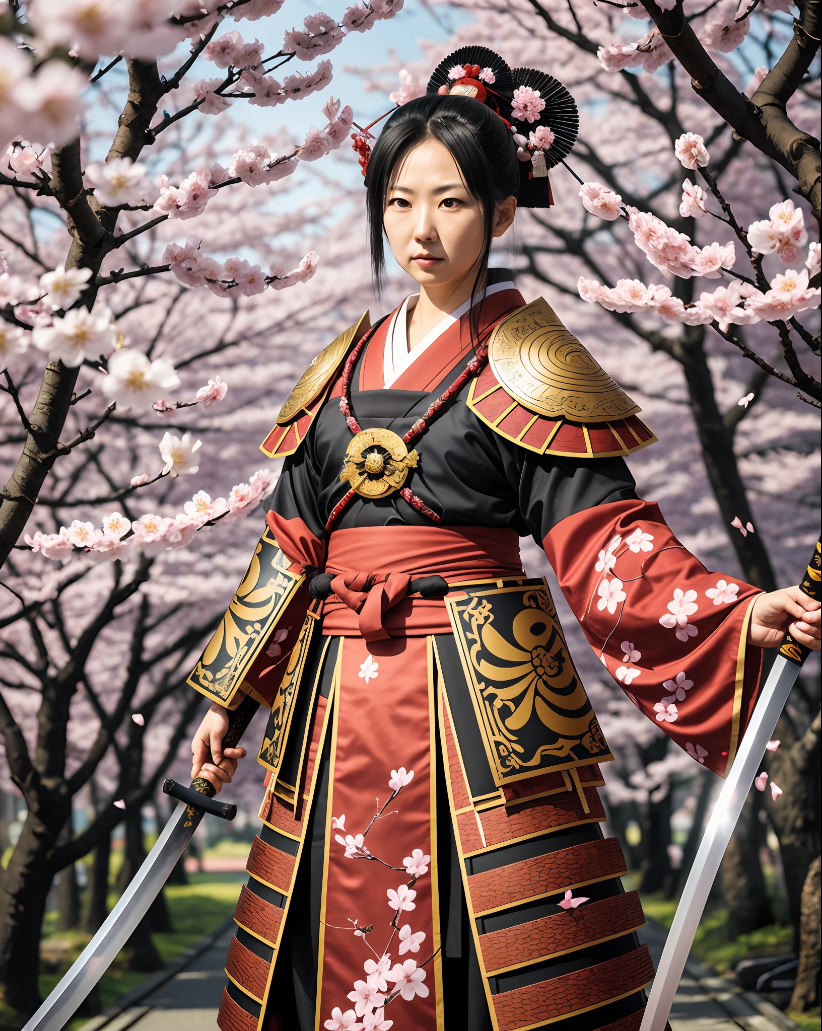 (Japan)1.2 as a katana-wielding samurai boss clad in ancient armor, surrounded by cherry blossom petals and ominous shadows.
