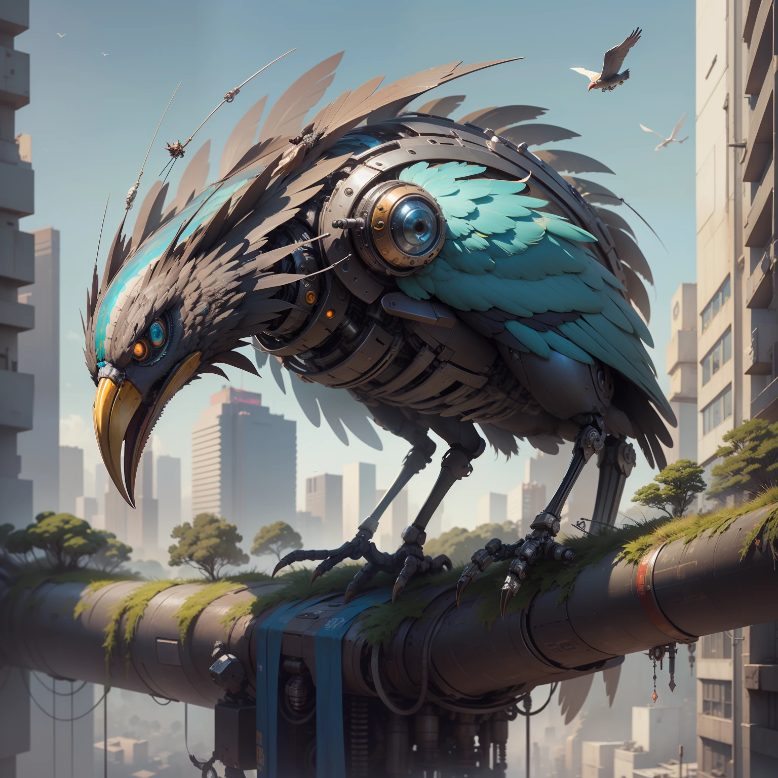 bird made of fully mechanical metal weighs, non-organic bird, mechanical bird, robot bird, made of mechanical parts, detailed, a surrealistic bird, highly detailed, composed of many pieces of metal, elegant highly detailed, Cyberpunk background
