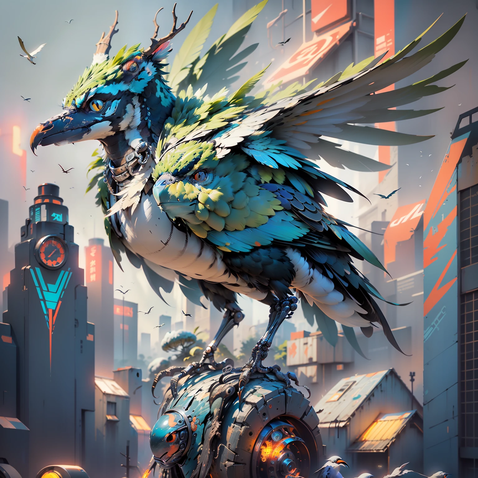 bird made of fully mechanical metal weighs, non-organic bird, mechanical bird, robot bird, made of mechanical parts, detailed, a surrealistic bird, highly detailed, composed of many pieces of metal, elegant highly detailed, Cyberpunk background