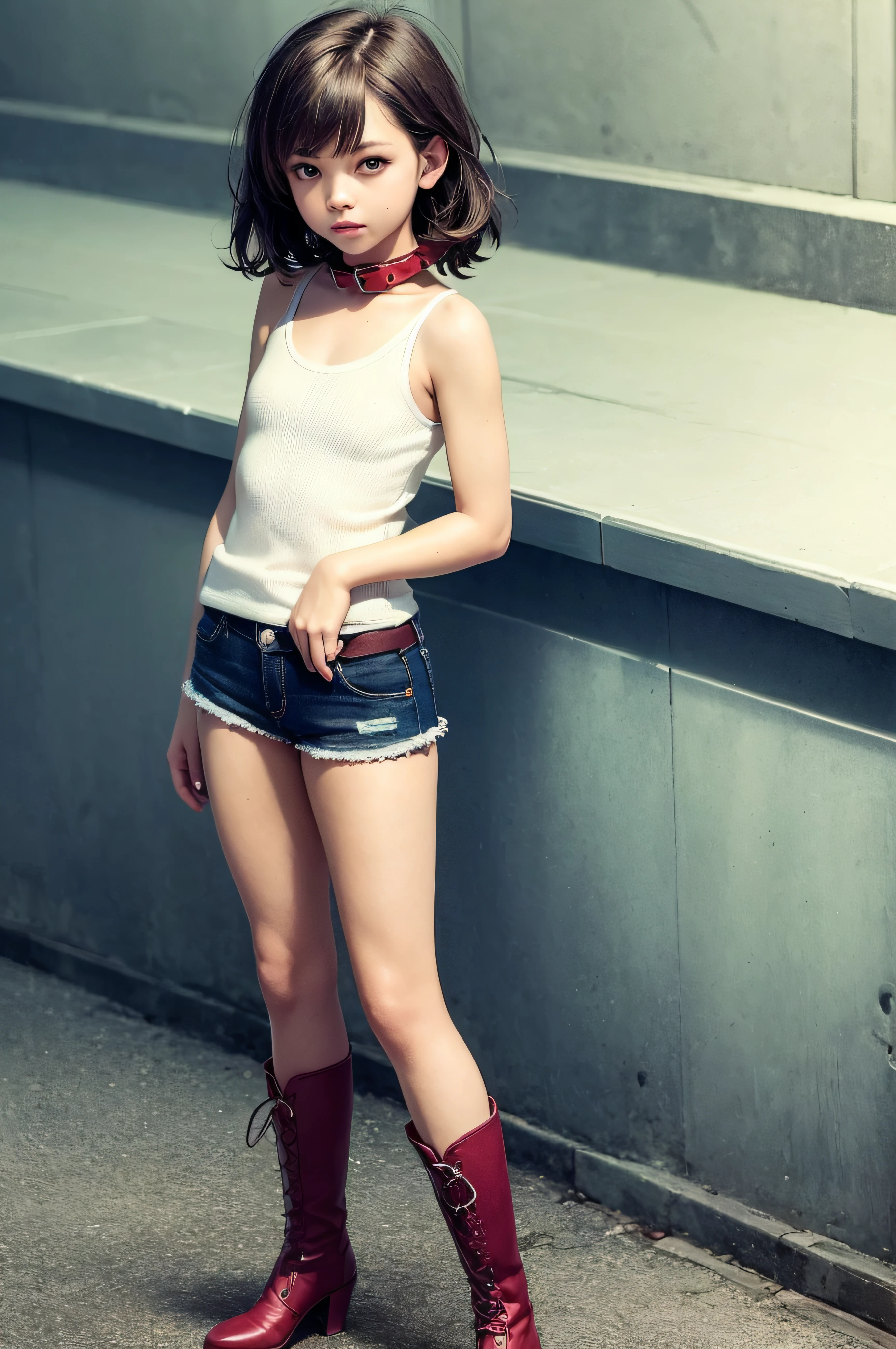 ((Medium, Tomboyish, Small Head)), (Perfect Body: 1.1), (Short Wavy Hair: 1.2), Reddish Brown, Collar, Full Body Shot, Retro City, Leather Tank Top, Shorts, (Very Elaborate CG Wallpaper), (Very Delicate and Beautiful), (Masterpiece), (Best Quality): 1.0), (Ultra High Definition: 1.0), Beautiful lighting, perfect lightning, realistic shadows, [High Definition], Detailed skins, super detailed ((colorful)), long boots,