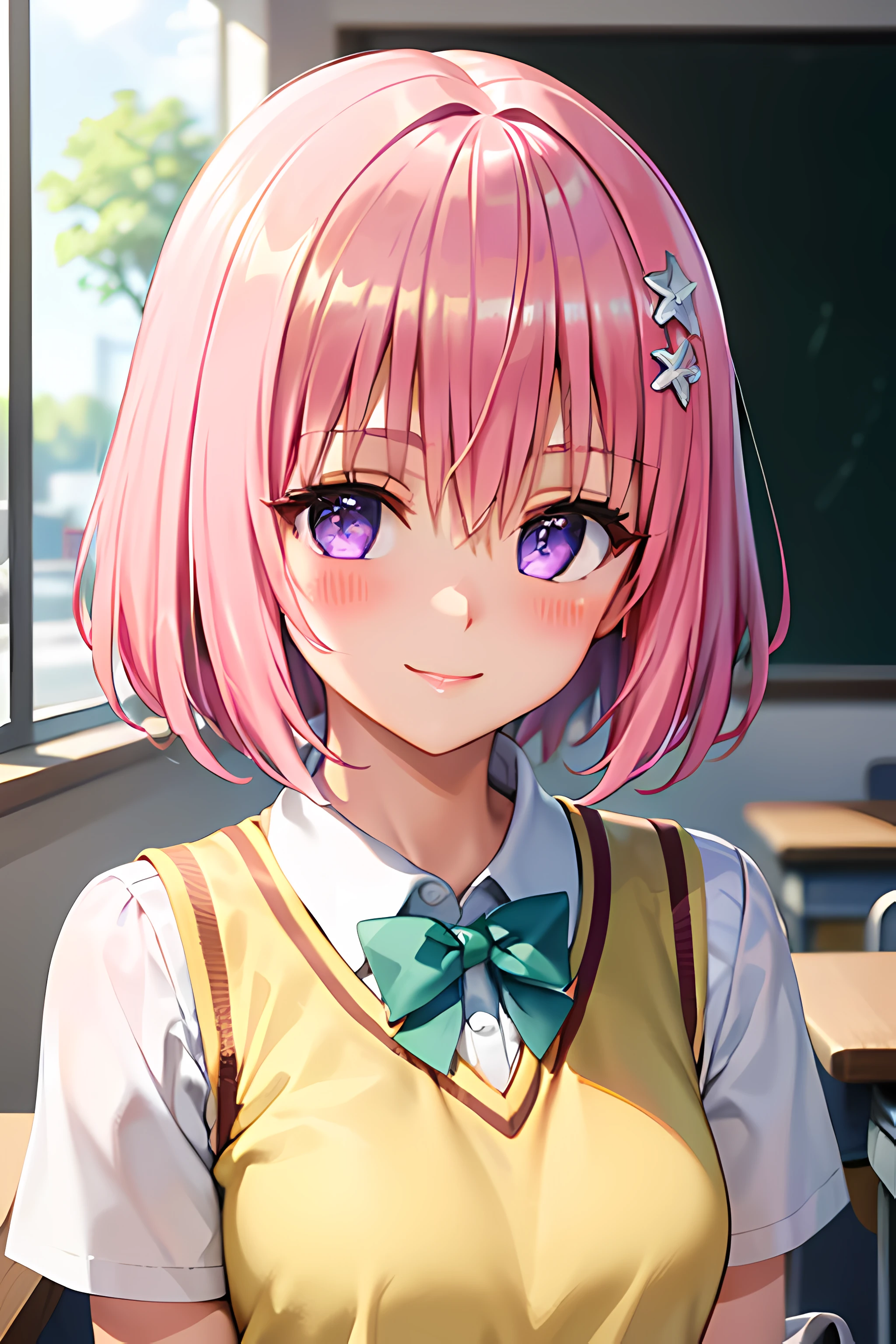 (best quality:1.1), (masterpiece:1.4), (absurdres:1.0), portrait, close up,
1girl, momo velia deviluke, hair ornament, bob cut, short hair pink hair, purple eyes, medium breasts, yellow school uniform, looking at viewer, classroom, (blush:1.2), smile,