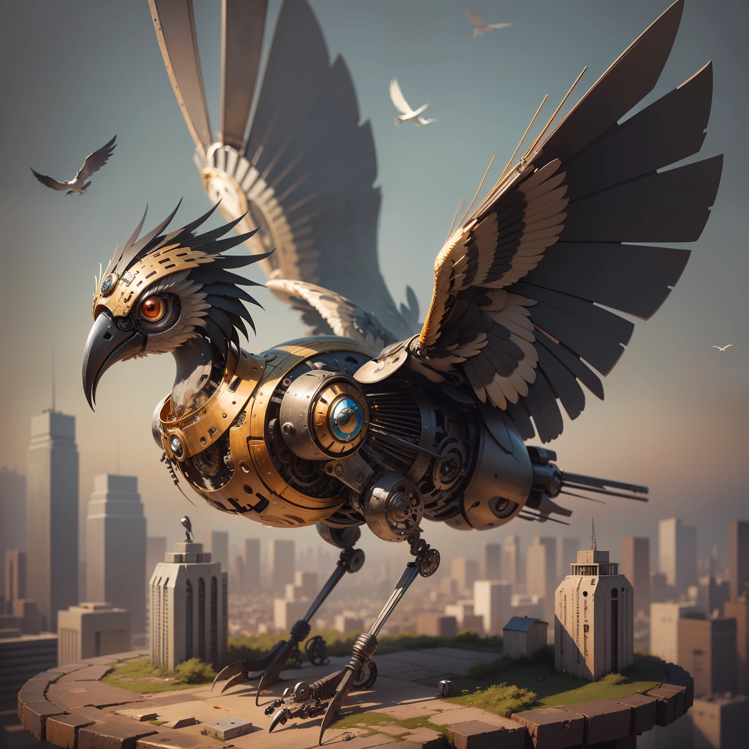 bird made of fully mechanical metal weighs, non-organic bird, mechanical bird, robot bird, made of mechanical parts, detailed, a surrealistic bird, highly detailed, composed of many pieces of metal, elegant highly detailed, rusty metal background.