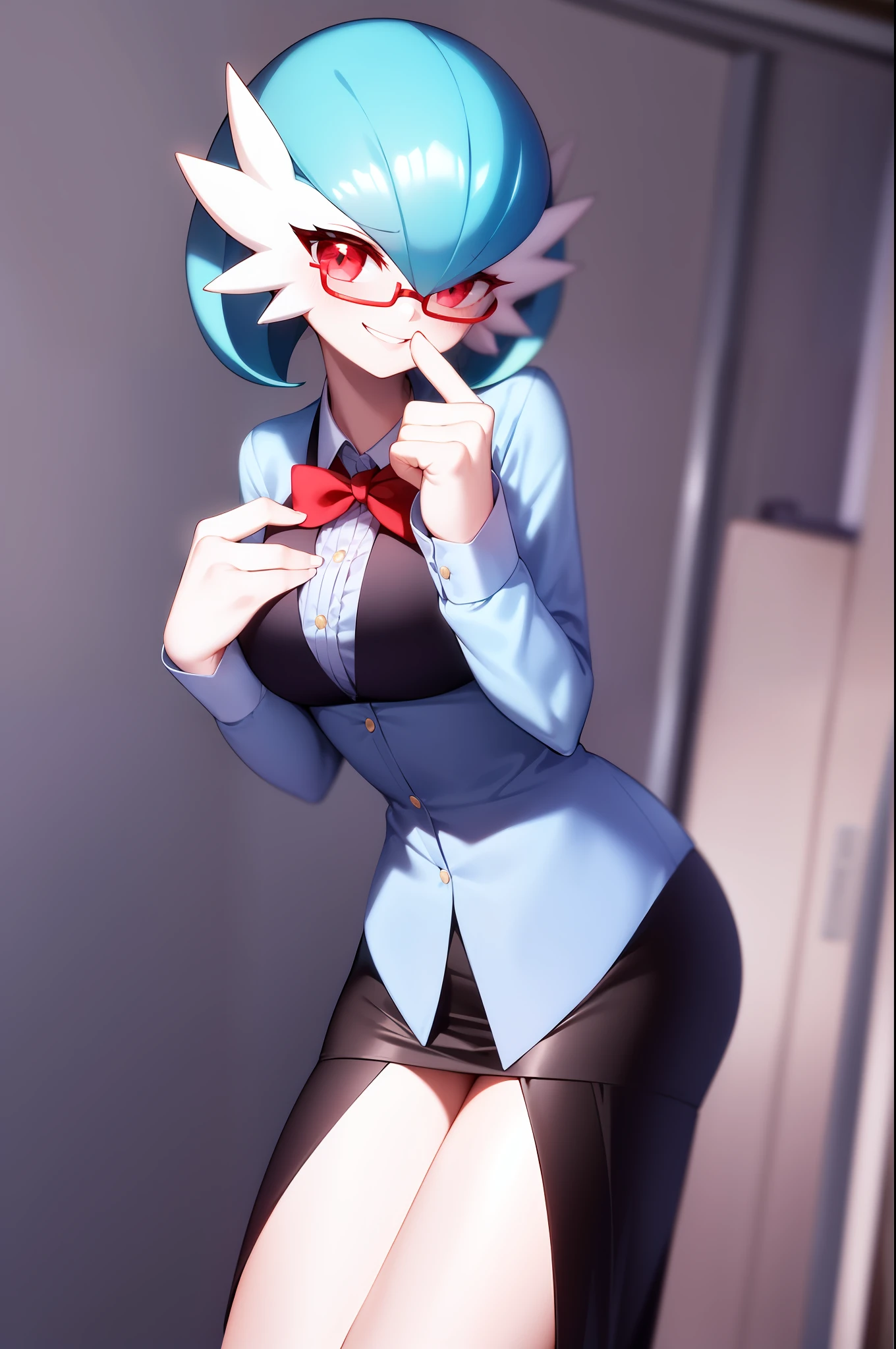 masterpiece, best_quality, 1girl, solo, gardevoir, pokemon \(creature\), blue hair, secretary uniform, mischievous smile, black tuxedo, black short skirt, tight skirt, in an office, red frame glasses. White blouse, low-cut blouse, wide neckline.