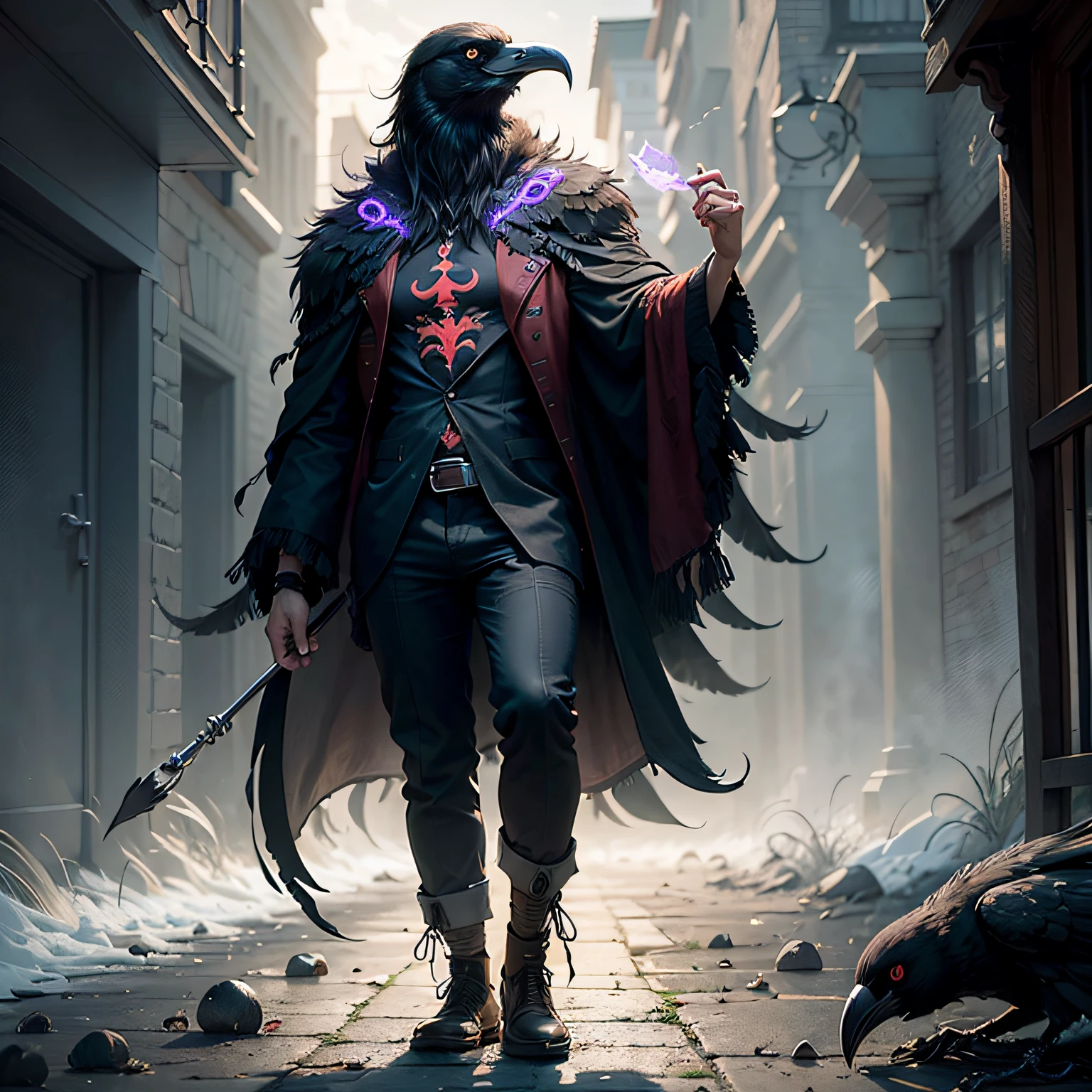 ((best quality)), ((masterpiece)), ((realistic drawing)), ((perfect character)) Mysterious raven, standing alone in the shadows, his deep red eyes glowing with a sinister glow, dark and lustrous feathers, exuding an aura of intrigue and menace, an individual representation that captures the enigmatic essence of the raven, a masterpiece that invites curiosity and fear, at eye level, scenic, masterpiece --auto