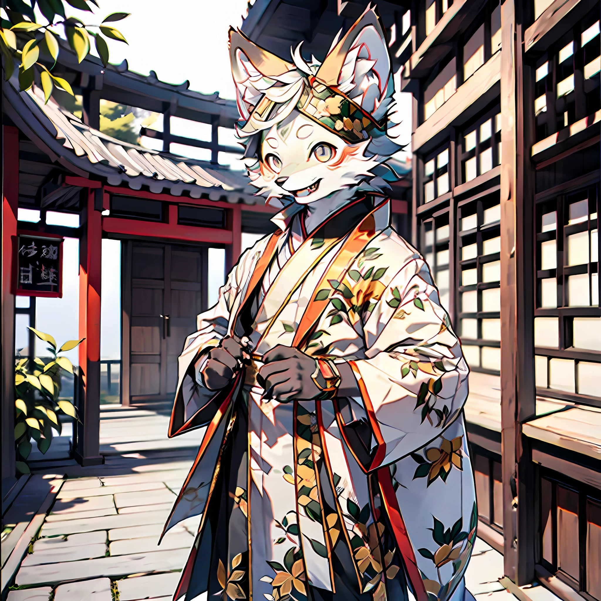 Masterpiece, high detail, super high quality, high resolution, 1080P, ((single)), furry, (male arctic fox: 1.5), (gray fur: 1.5), (gray skin: 1.5)), gray ears, (golden eyes: 1.5), (gray paws)), canine paws, detailed figures, (furry feeling of animal ears), sharp standing in Chinese style courtyard, wearing traditional Chinese robes, wearing traditional Chinese pants, light smile, natural lighting