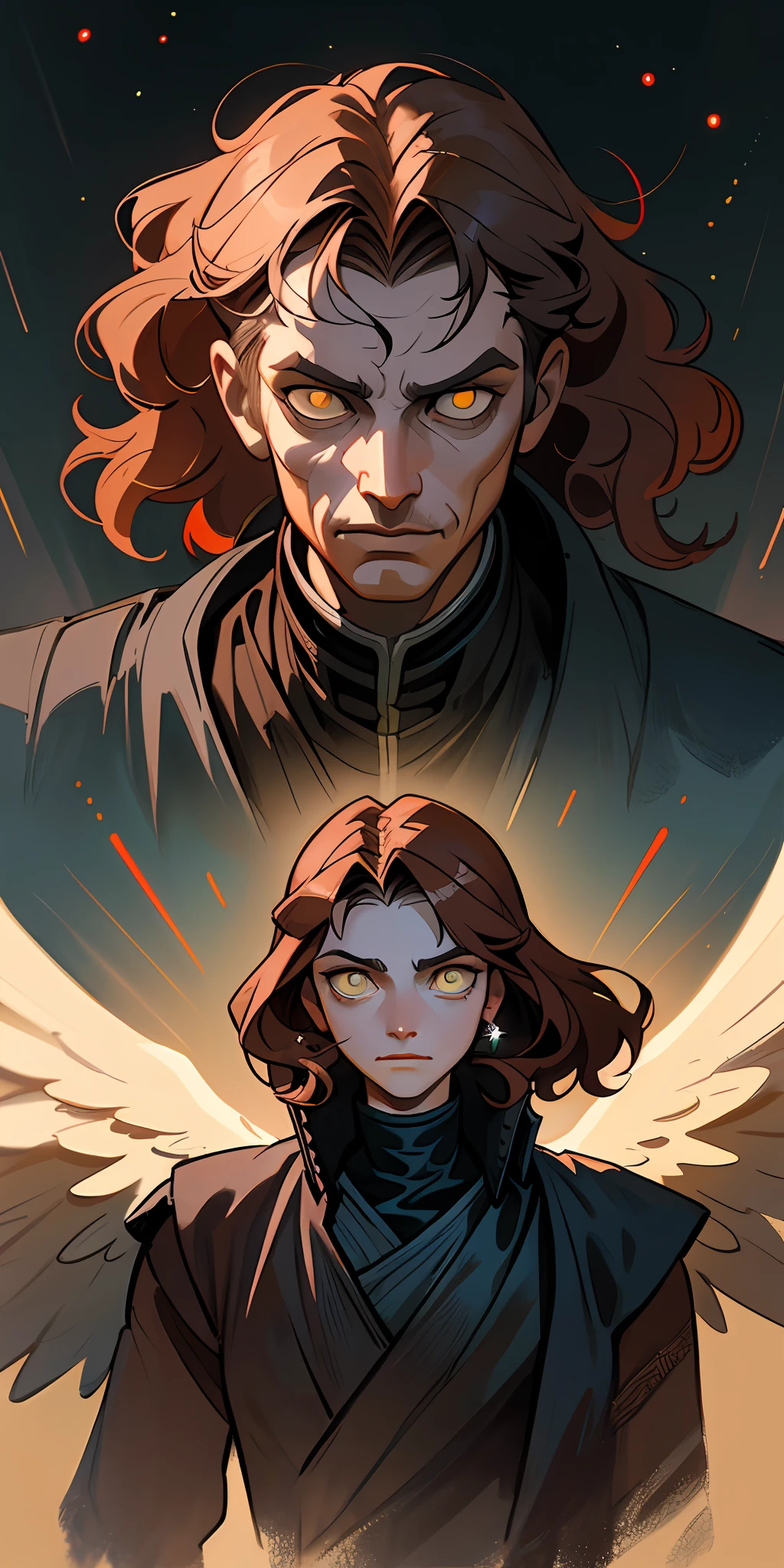 Best Quality, Masterpiece, Fallen Angel of Alexandre Cabanel, Digital Art by Zahari Zograf, DeviantArt Contest Winner, Fantasy Art, Character Concept Art, Digital Painting, Epic Scifi Fantasy Character Concept Art, Epic Fantasy Science Fiction Character Illustration, Galactic Villain, Emperor of Known Evil, Science Fantasy Painting, Fallen Angel Similar to Anakin Skywalker,  fallen angel, fallen angel of Alexandre Cabanel, galactic crusader, Anakin Skywalker as a sith lord, big curly brown hair, evil dark yellow eyes, evil eyes, sith eyes, hate eyes, character concept art
