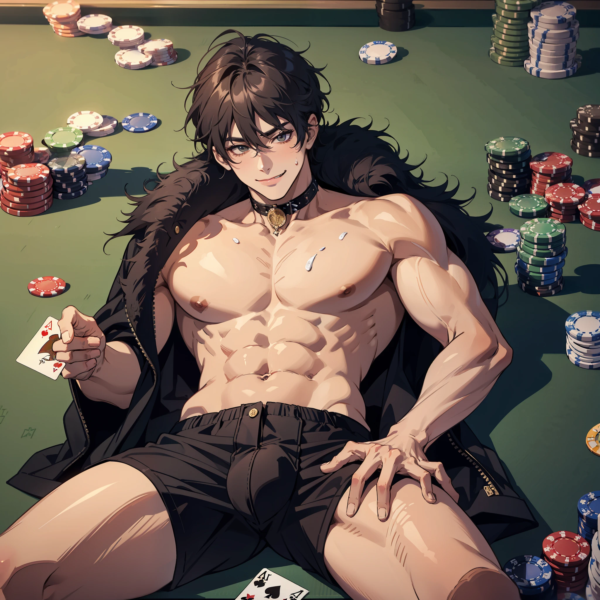 Big Tall muscle boy , chocker , big bulge , viewed from below, sweaty , big boobs , money , coins , cards , shadow , casino , lying on back , billiards , naked , seductive, grinning , spread legs , grinning , gambling , spread legs , crazly smile , blone hair , tounge stick out , tan skin