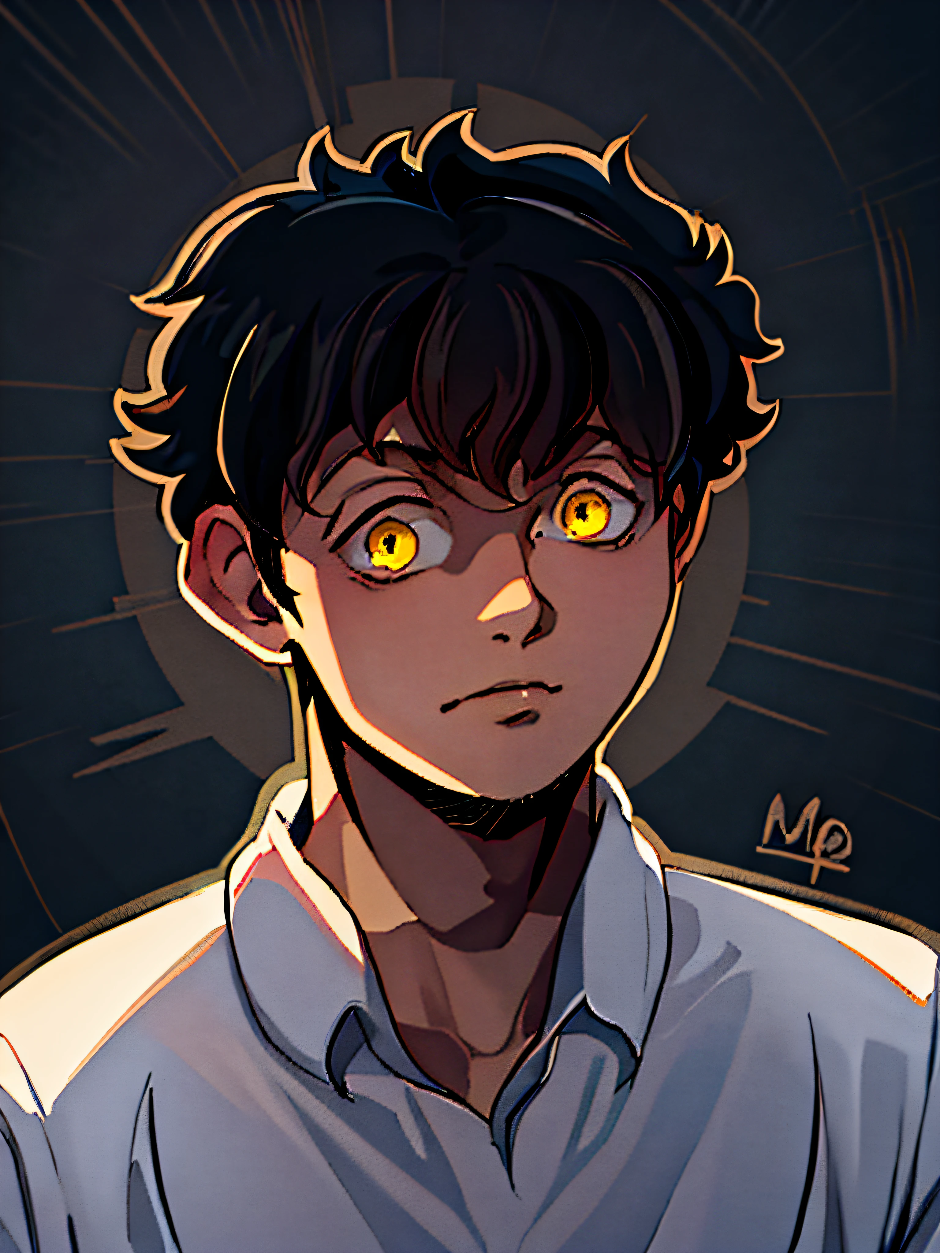 anime boy with black hair and yellow eyes in a white shirt, inspired by Okumura Masanobu, inspired by Munakata Shikō, inspired by Okumura Togyu, kentaro miura manga art style, kentaro miura art style, anime moe artstyle, shinji, in an anime style, anime style portrait