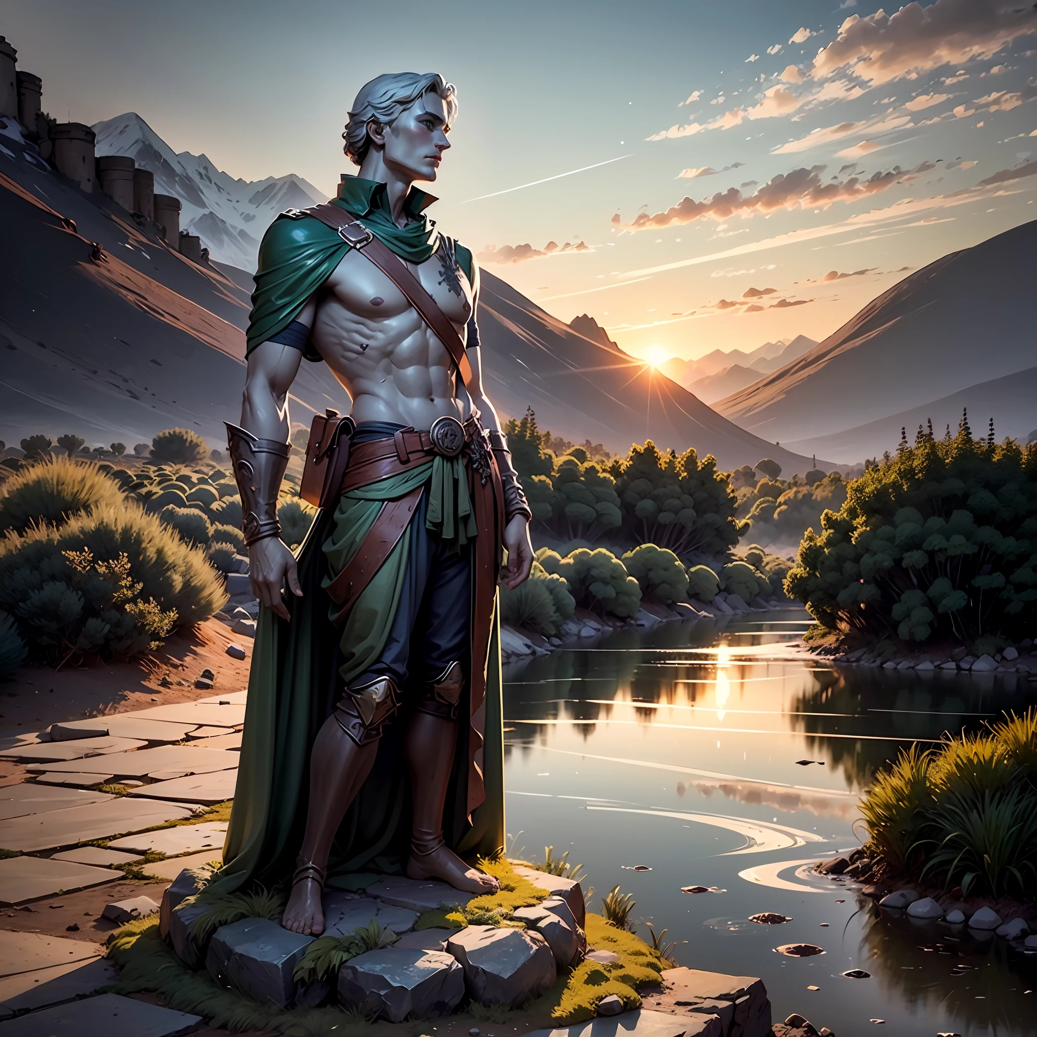 Realistic drawing, Computer rendered graphics, realistic fantasy, Extensive landscape ultra photography (general view, which shows an ivy-covered old shabby stone-worn statue, a male statue in the form of a military statue), darkness, night, blurred background, gloomy, blue, dark, gray, purple background, gray, cold, magical, "Majestic mountains," "Lush forests," "Glittering lakes," "Desert dunes," "Golden sunsets. --auto