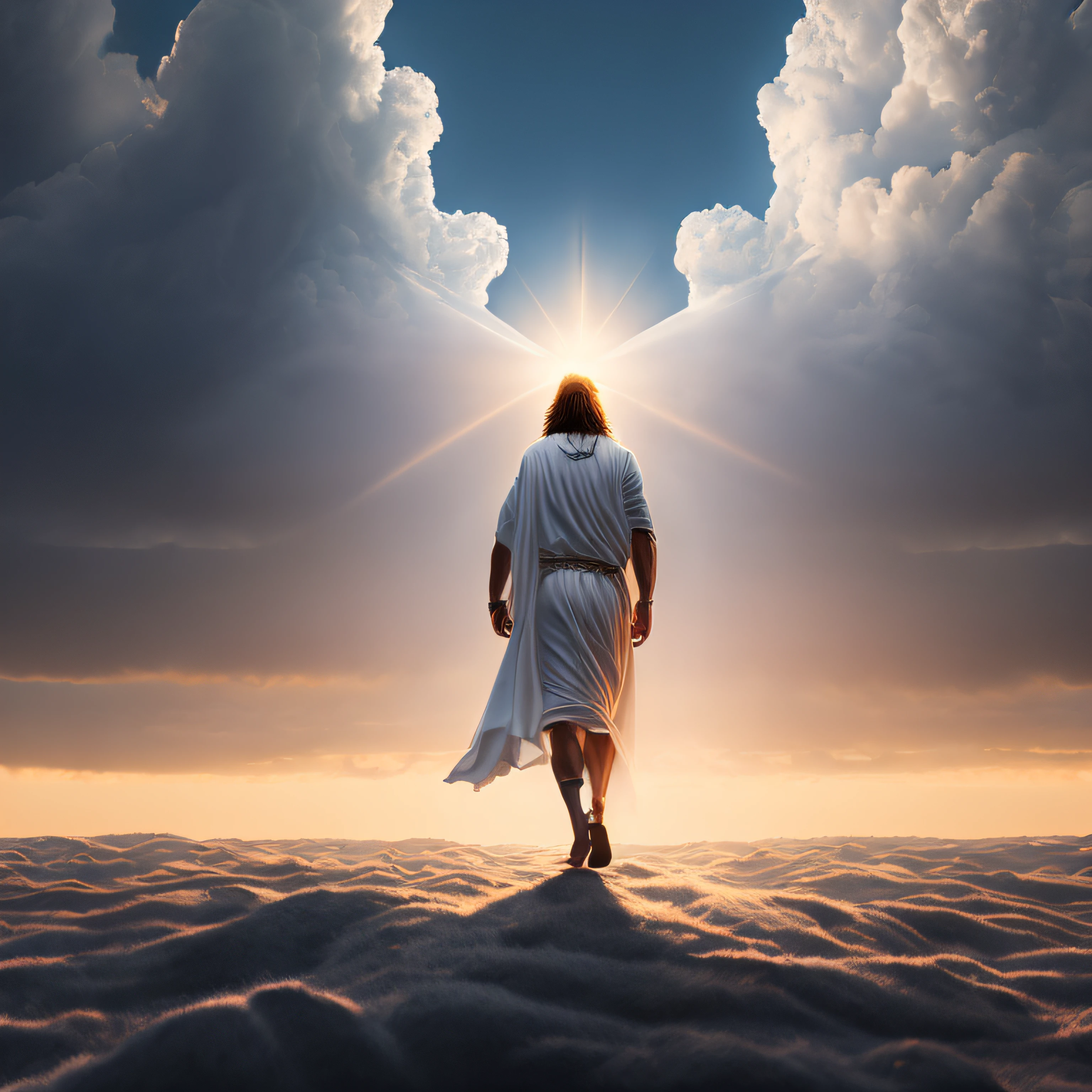 Concept art of Jesus Christ with white clothes in the clouds towards the gates of heaven, full body photo, wide photo, insanely realistic with with soft sunset lighting, with detailed skin with face muscles and skin with pores, 20 megapixels, Canon EOS R3, depth of field, soft lighting, masterpiece, best quality,  intricate, tone mapped, highly detailed, artstation, smooth, sharp focus, dramatic lighting, highly detailed art, cinematic, hyper realistic painting, trend in Artstation, 8K, amazing shadows, realistic, (highly detailed background: 1.0),