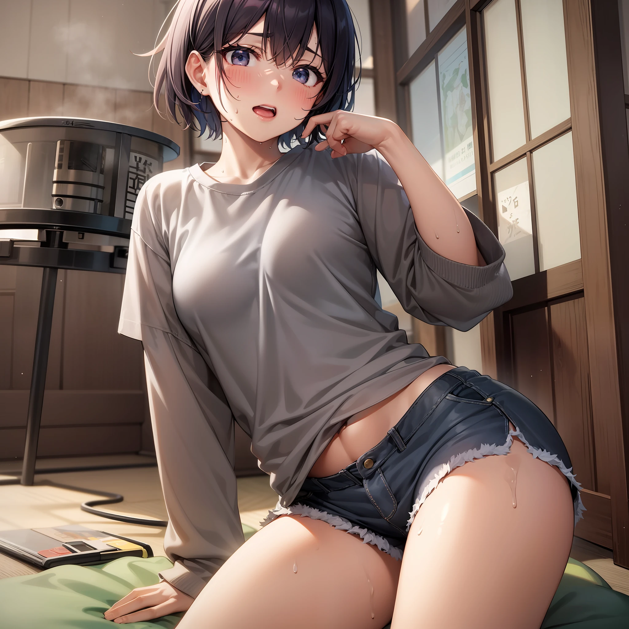 Japanese-style room, fan, sweat-soaked shirt, shorts, boyish girl, short hair,