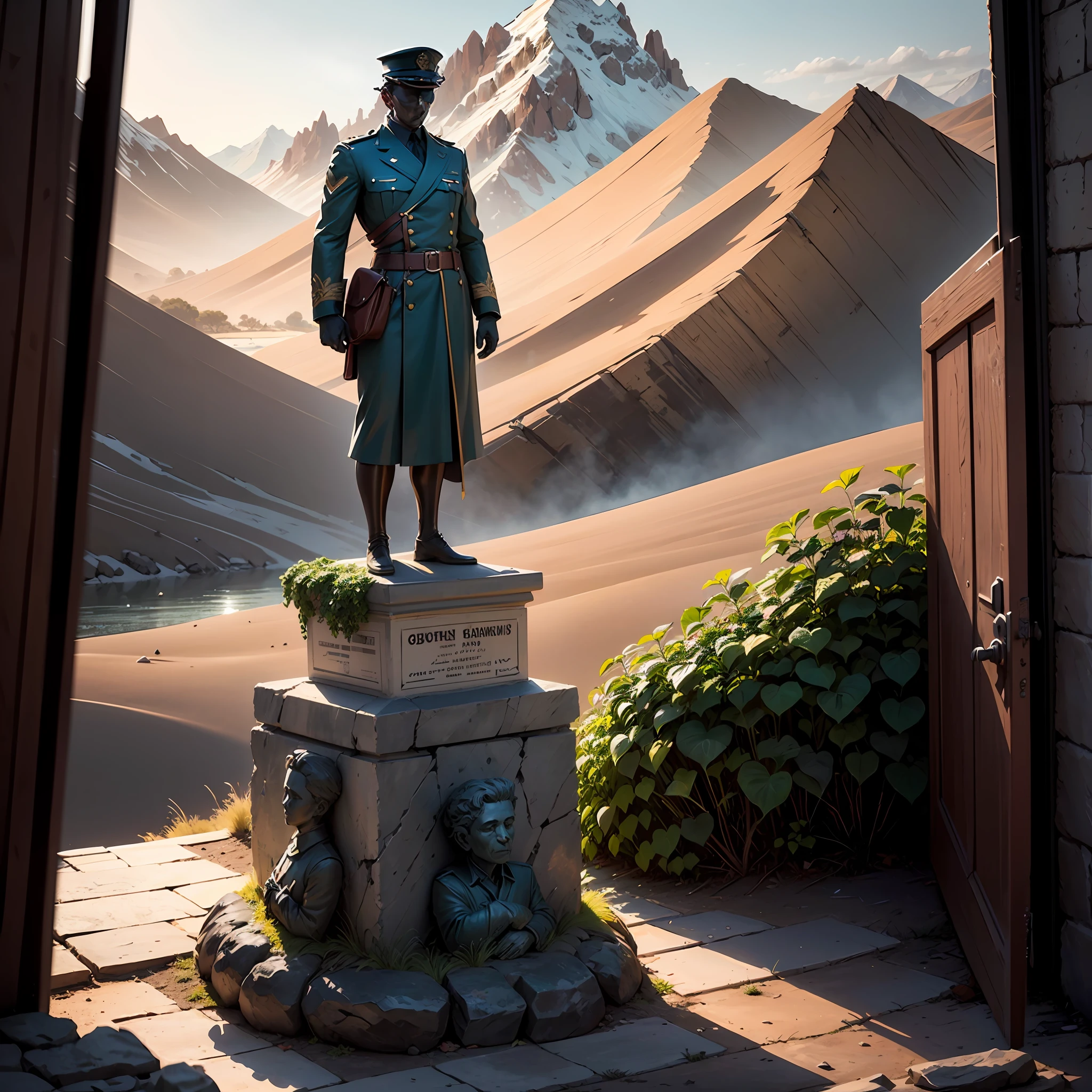 Realistic drawing, Computer rendered graphics, realistic fantasy, Extensive landscape ultra photography (general view, which shows an ivy-covered old shabby stone-worn statue, a male statue in the form of a military statue), darkness, night, blurred background, gloomy, blue, dark, gray, purple background, gray, cold, magical, "Majestic mountains," "Lush forests," "Glittering lakes," "Desert dunes," "Golden sunsets. --auto