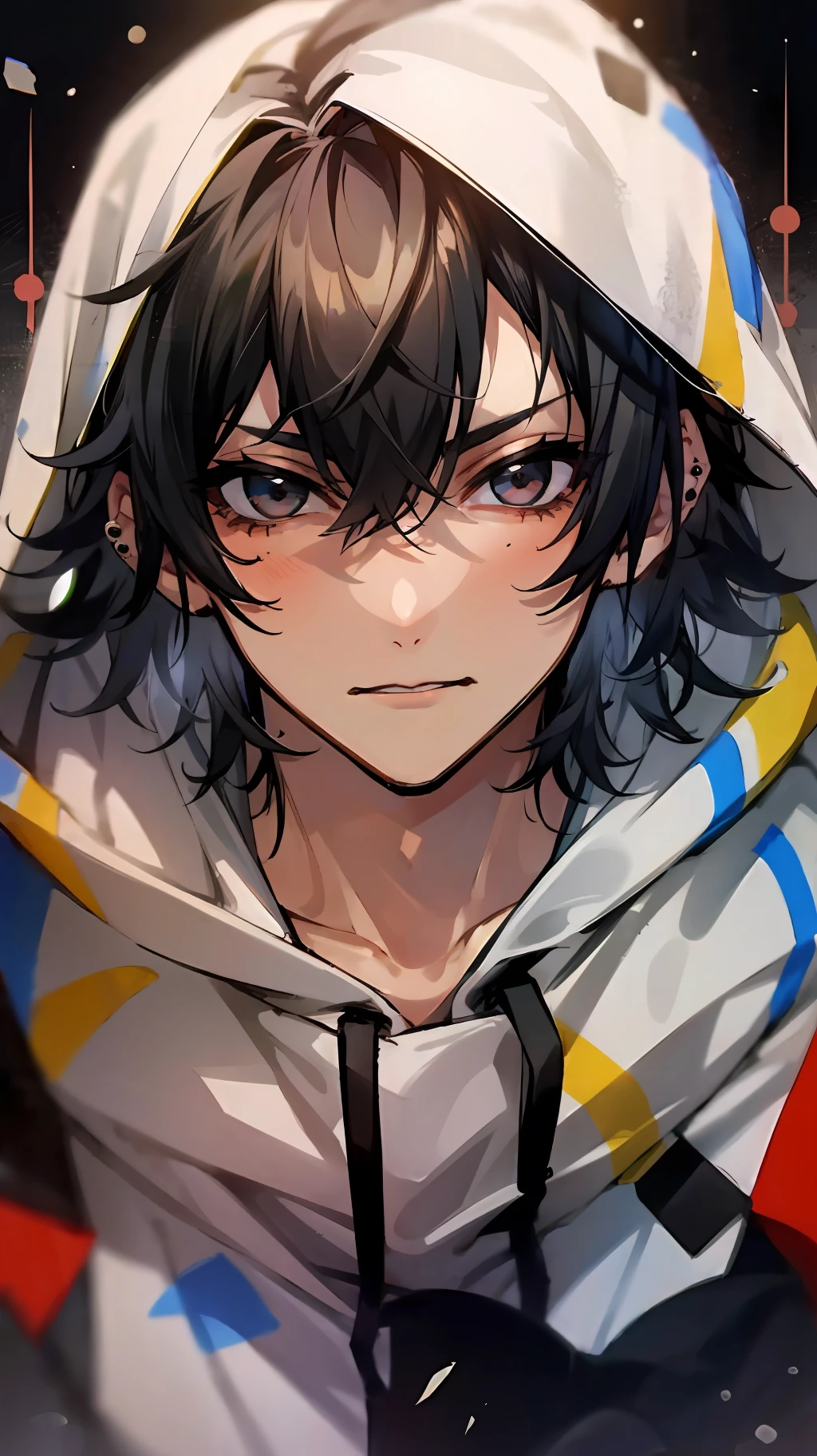 1boy, solo, looking at viewer, male focus, buster bros, 19 years, black eyes,piercing look,bangs, black hair, hair between eyes, soft under eye, white hood, white hood, close-up