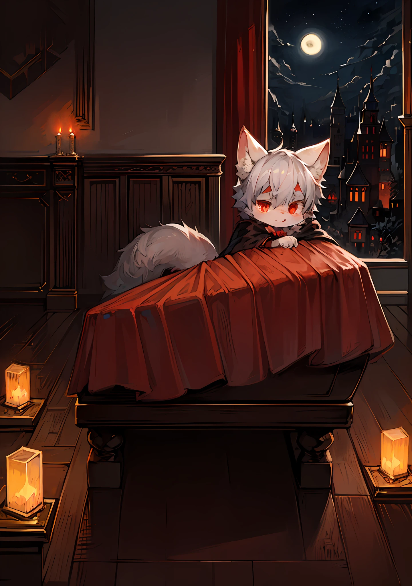 (dark environment:0.8),masterpiece, high quality, absurd res, digital painting \(artwork\), by dagasi, yupa,kiyosan,(anthro,fluffy fur,character focus:1.1),anthro male cat,short hair,portrait, bright eyes,panorama,character focus.(detailed background:0.7),solo,furry,furry male ,male focus,anthr,(Full body fur, fluffy tail, white fur,red eyes,gray hair:1.2),(long canines,vampire, cape:1.2),(interior,night, castle, coffin:1.1)