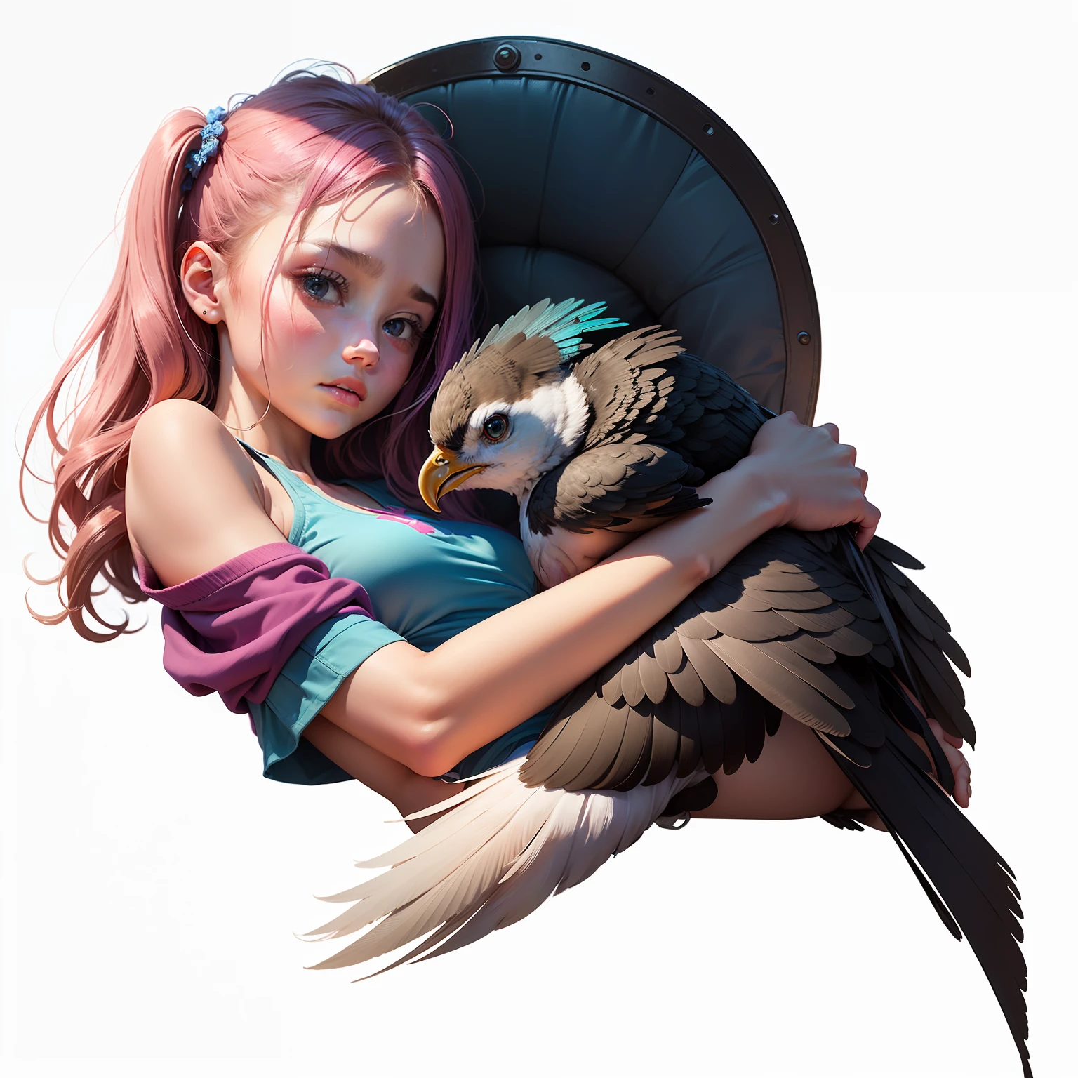 a young girl, 13 years old, with a bird on her shoulder, she wears a blue shirt, pink top pants, transparent background, accident, 4k --auto