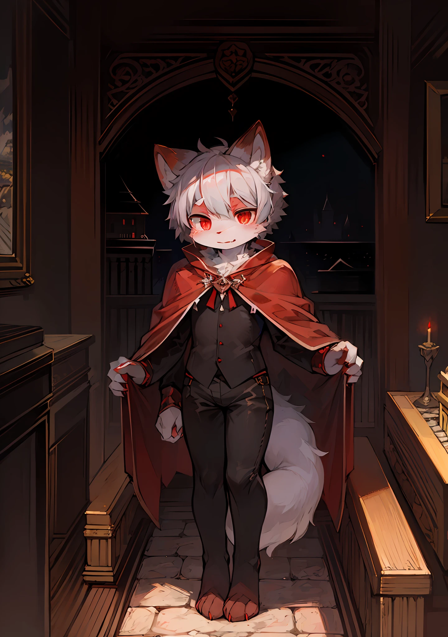 (dark environment:0.8),masterpiece, high quality, absurd res, digital painting \(artwork\), by dagasi, yupa,kiyosan,(anthro,fluffy fur,character focus:1.1),anthro male cat,short hair,portrait, bright eyes,panorama,character focus.(detailed background:0.7),solo,furry,furry male ,male focus,anthr,(Full body fur, fluffy tail, white fur,red eyes,gray hair:1.2),(long canines,vampire, cape:1.2),(interior,night, castle, coffin:1.1)