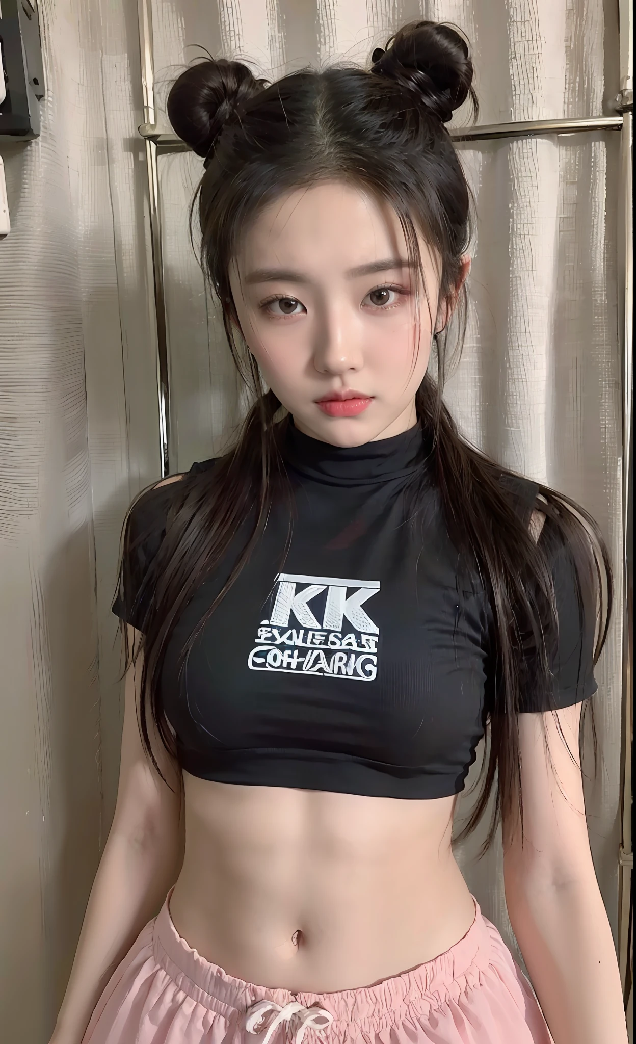 ((Best Quality, 8K, Masterpiece: 1.3)), 1 Girl, Beautiful Girl with Elongated Abs: 1.3, (Bun Hair,: 0.7), Ultra-detailed face, detailed eyes, double eyelids, crop top vest, Raised left arm, T-shirt